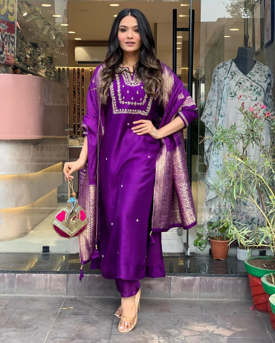 Women Embroidered Straight Kurta Set with Dupatta