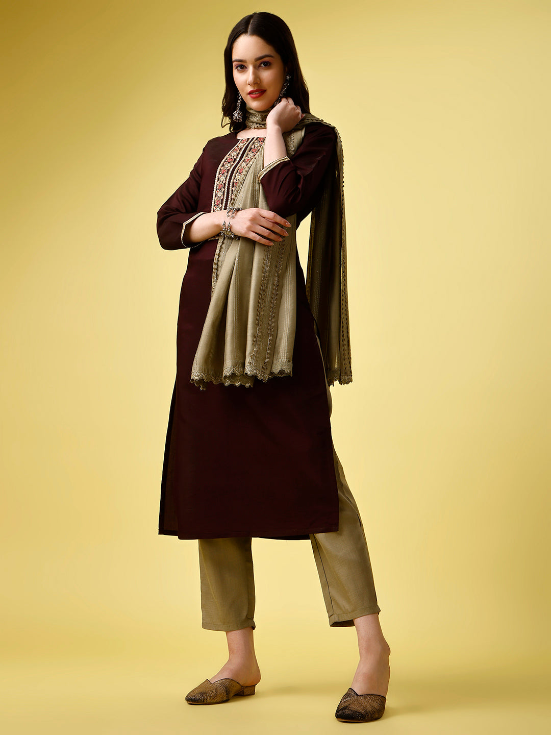 Women Sequence Embroidered Silk Blend Kurta With Pant And Crochet Worked Dupata Set