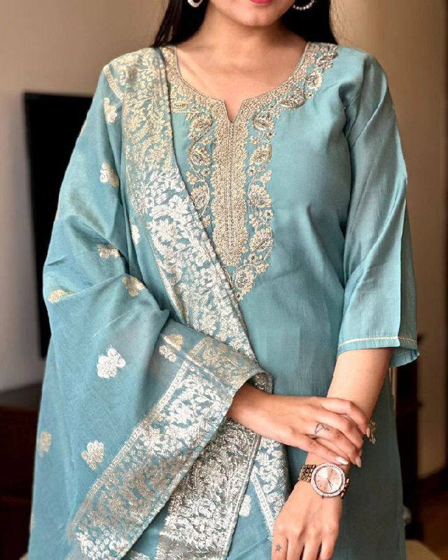 Sea Silk Chanderi Kurta Set