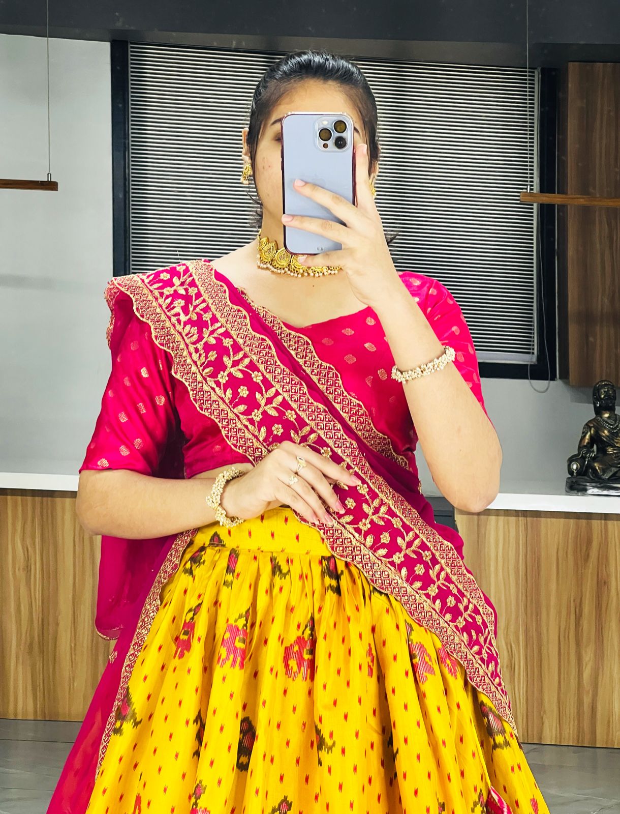 Yellow Patola Silk Lehnga With Pink Dupatta