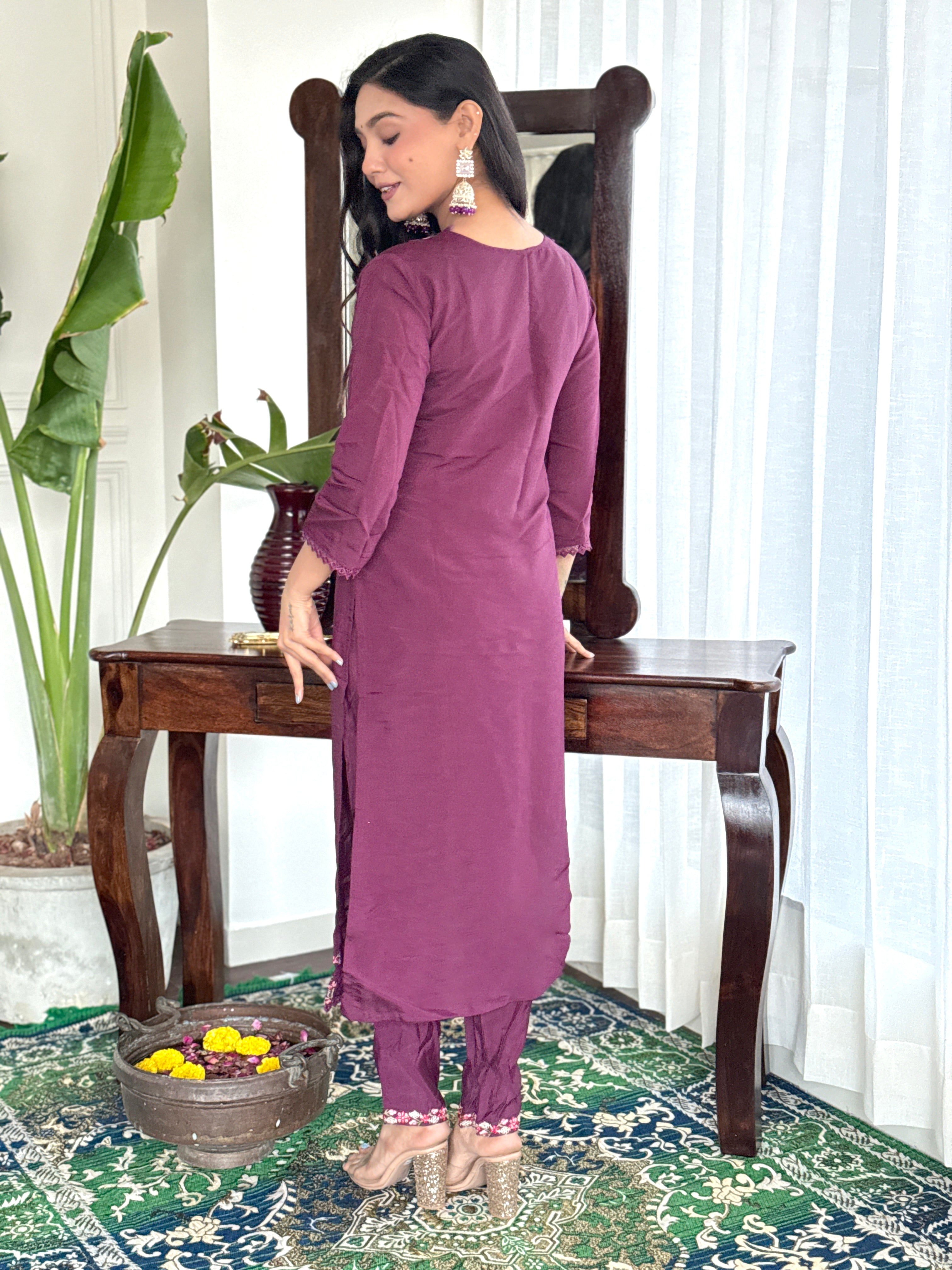 Wine Viscose Chanderi Cotton Women Embroidery Straight Kurta Set