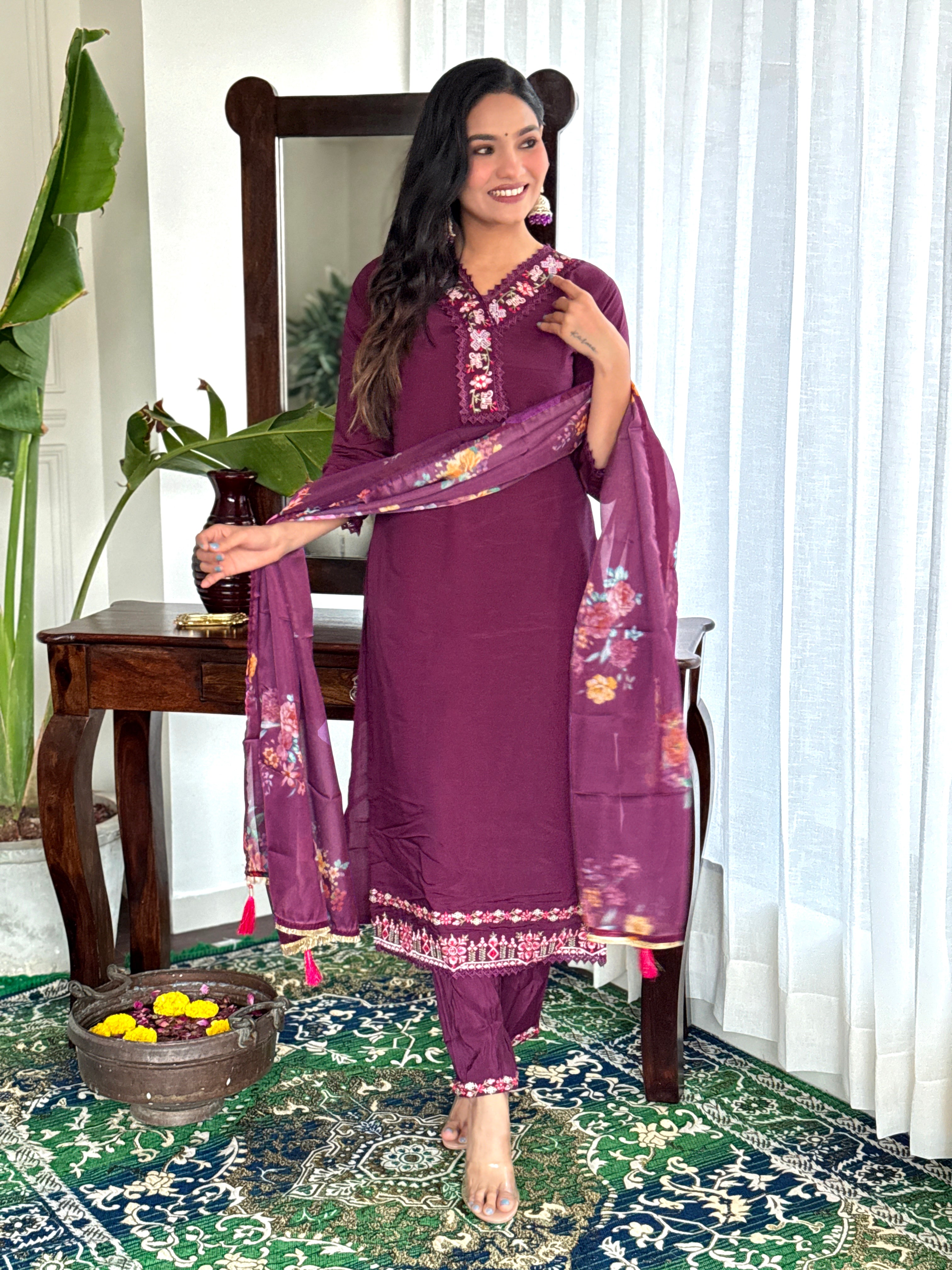 Wine Viscose Chanderi Cotton Women Embroidery Straight Kurta Set