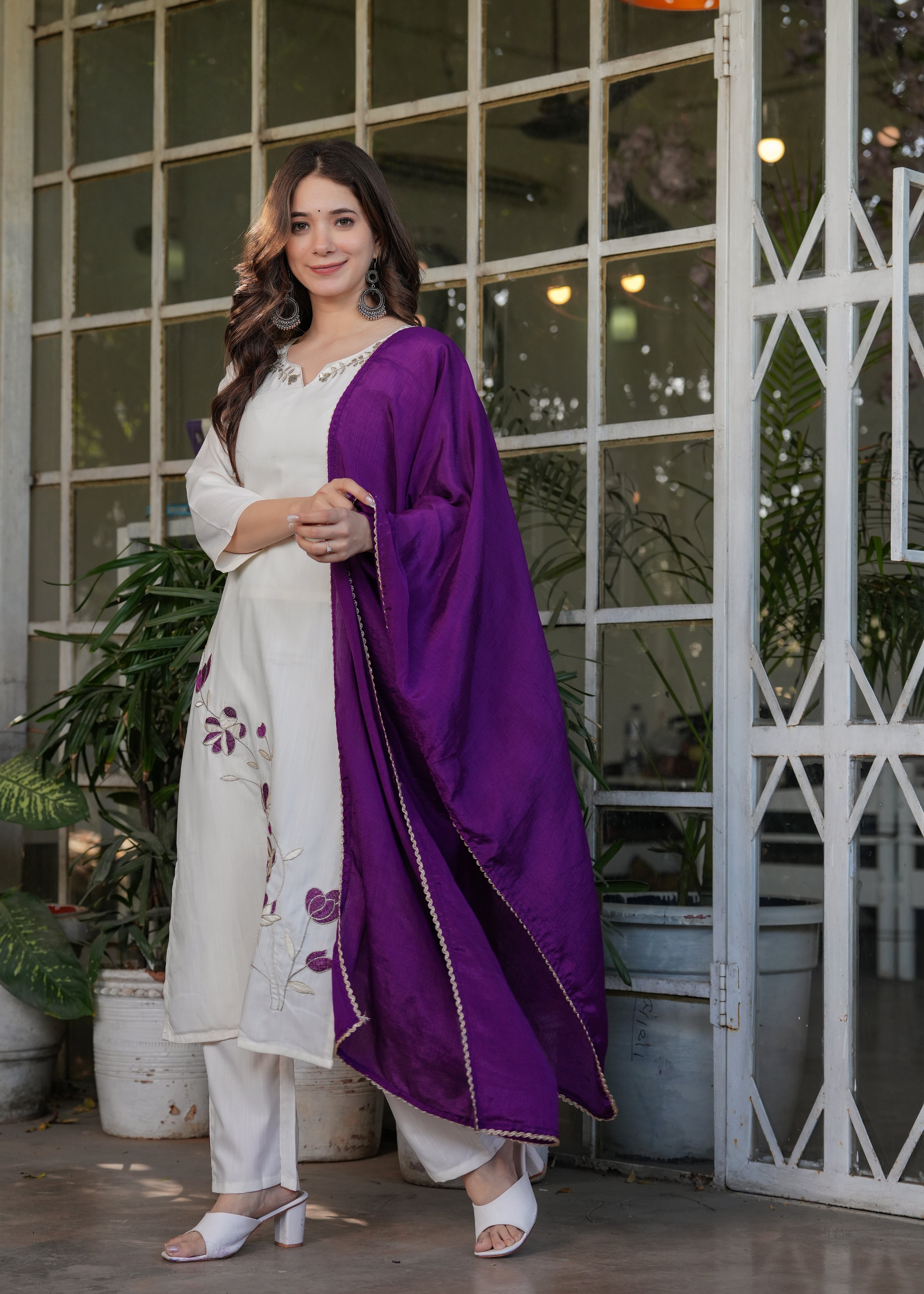 Elegant White-Purple Printed Kurti