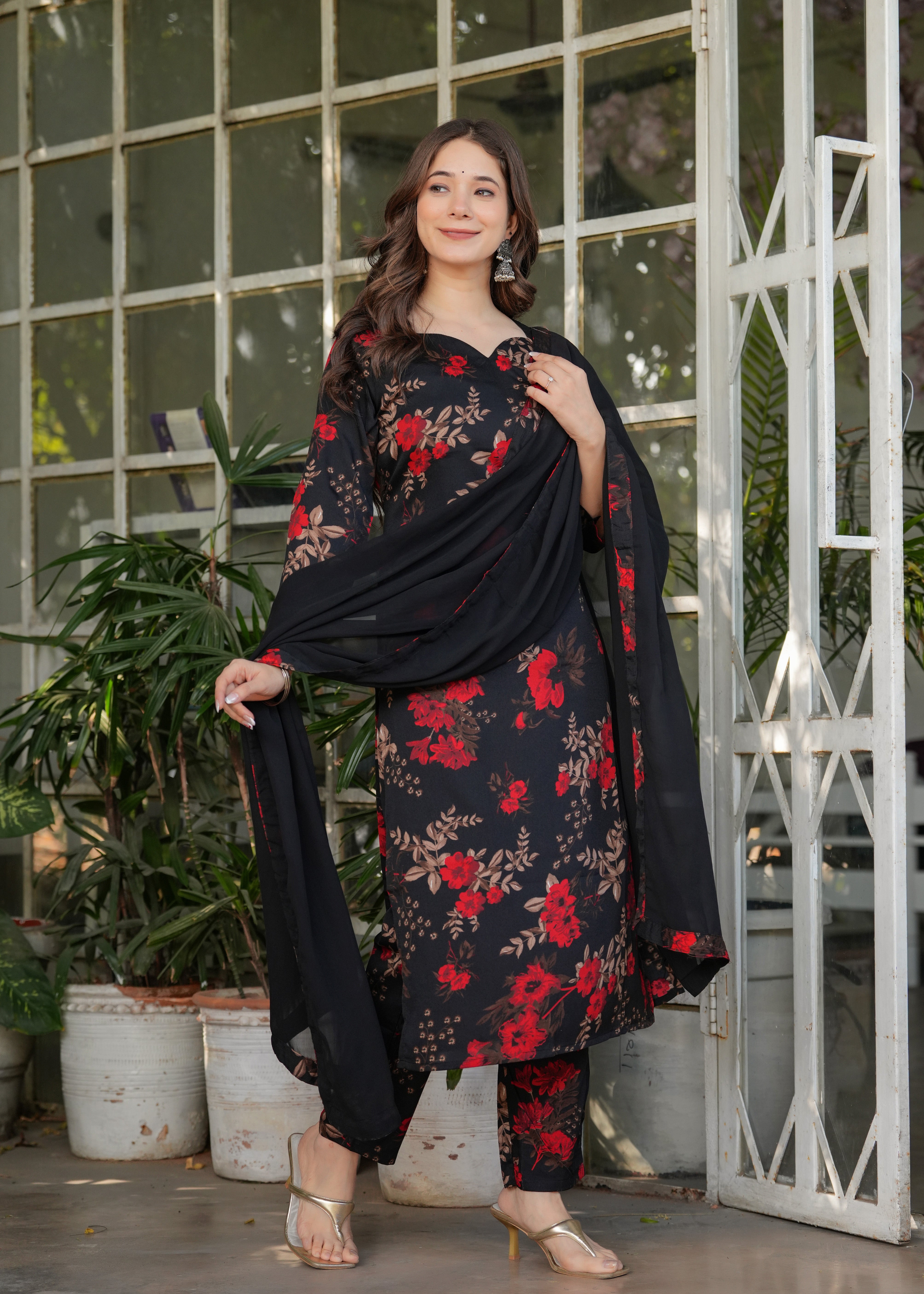 Elegant Black with Red Floral Design Kurti