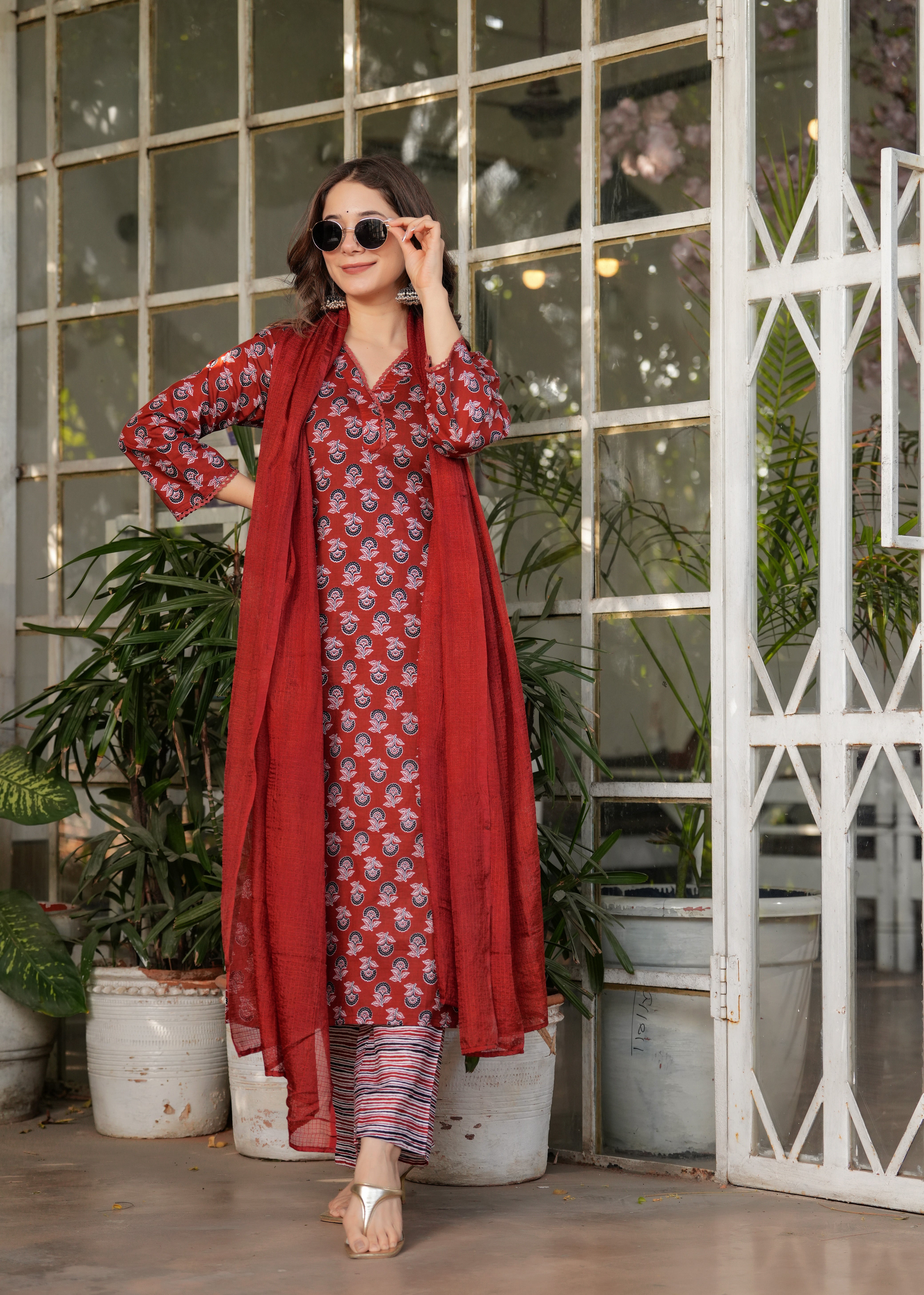 Elegant Rust Red V-neck Pure Cotton Kurti