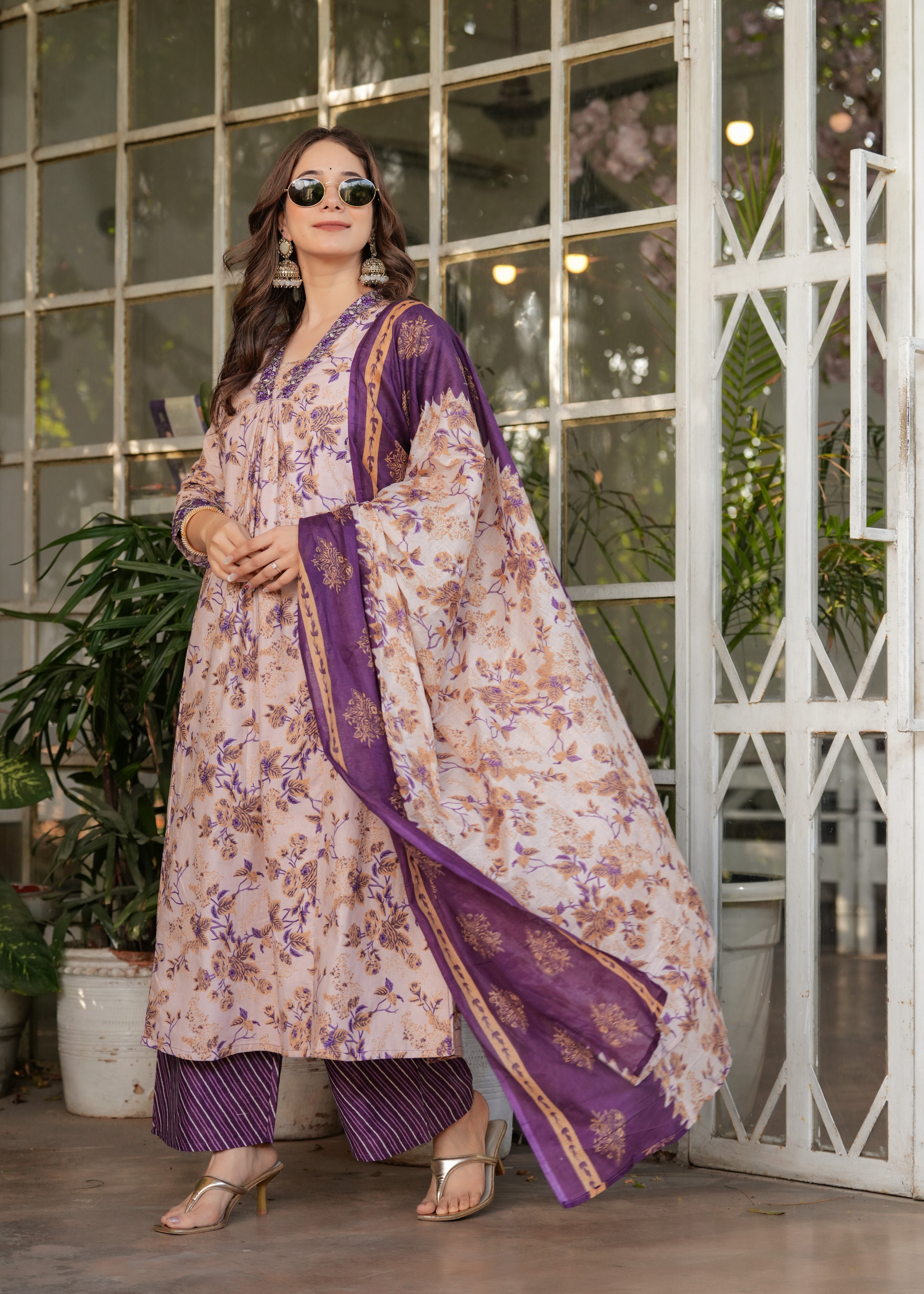 Elegant Pure Cotton Lavender Beige with Purple Floral Design Kurti