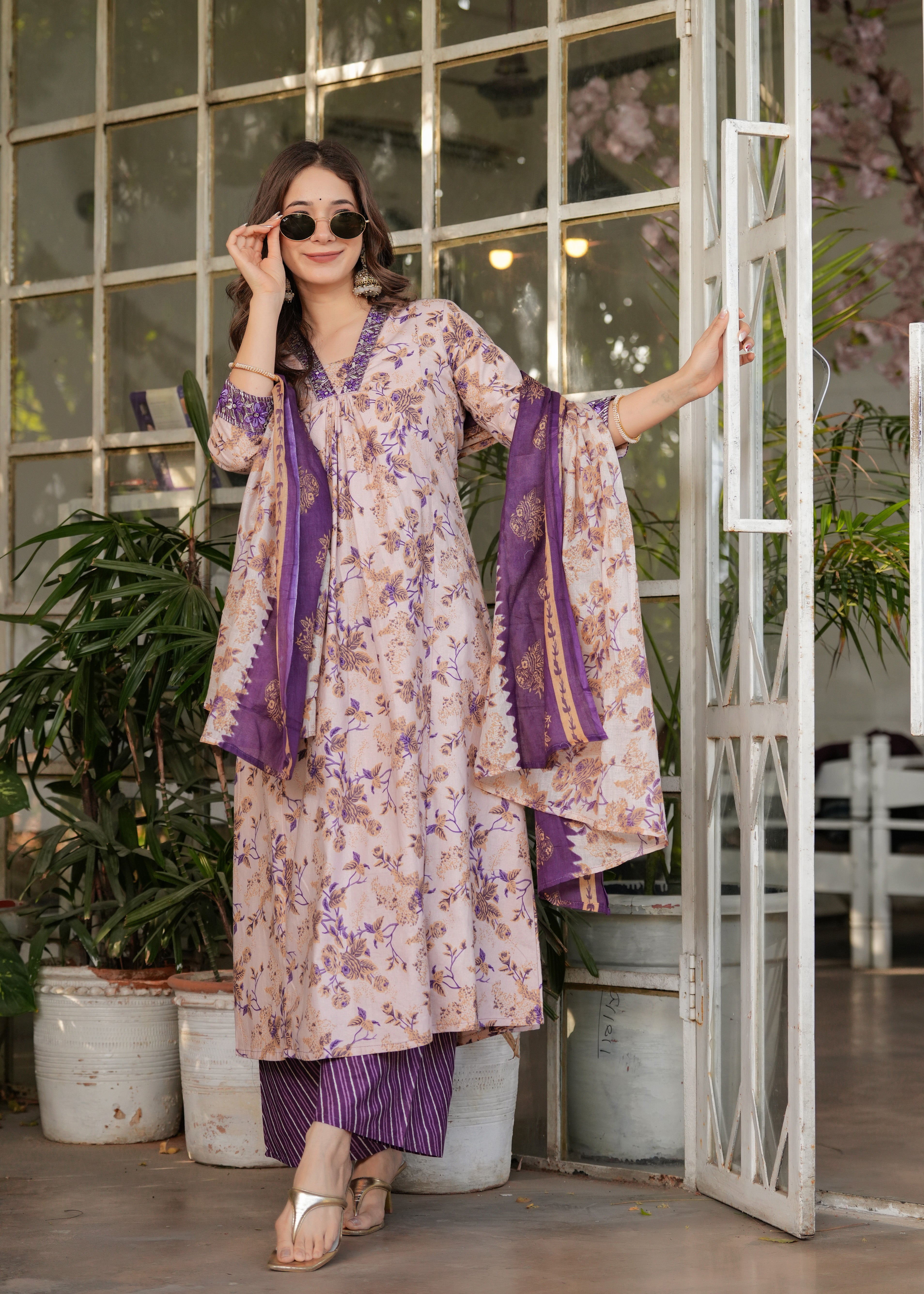 Elegant Pure Cotton Lavender Beige with Purple Floral Design Kurti