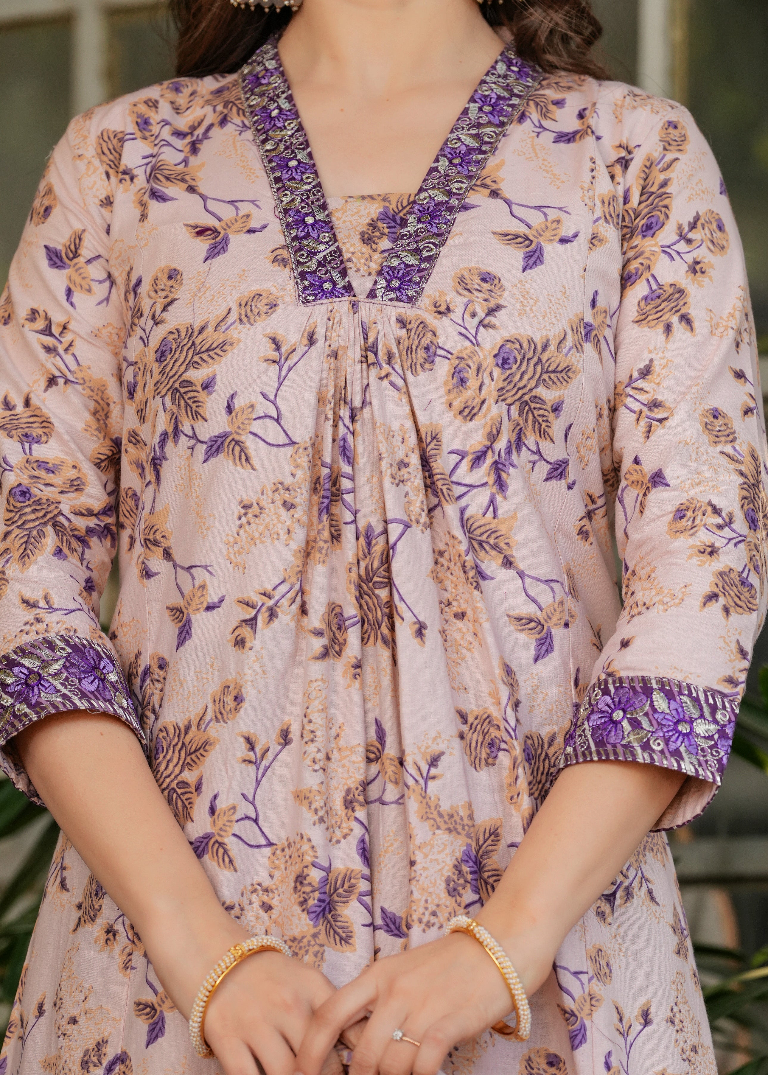 Elegant Pure Cotton Lavender Beige with Purple Floral Design Kurti