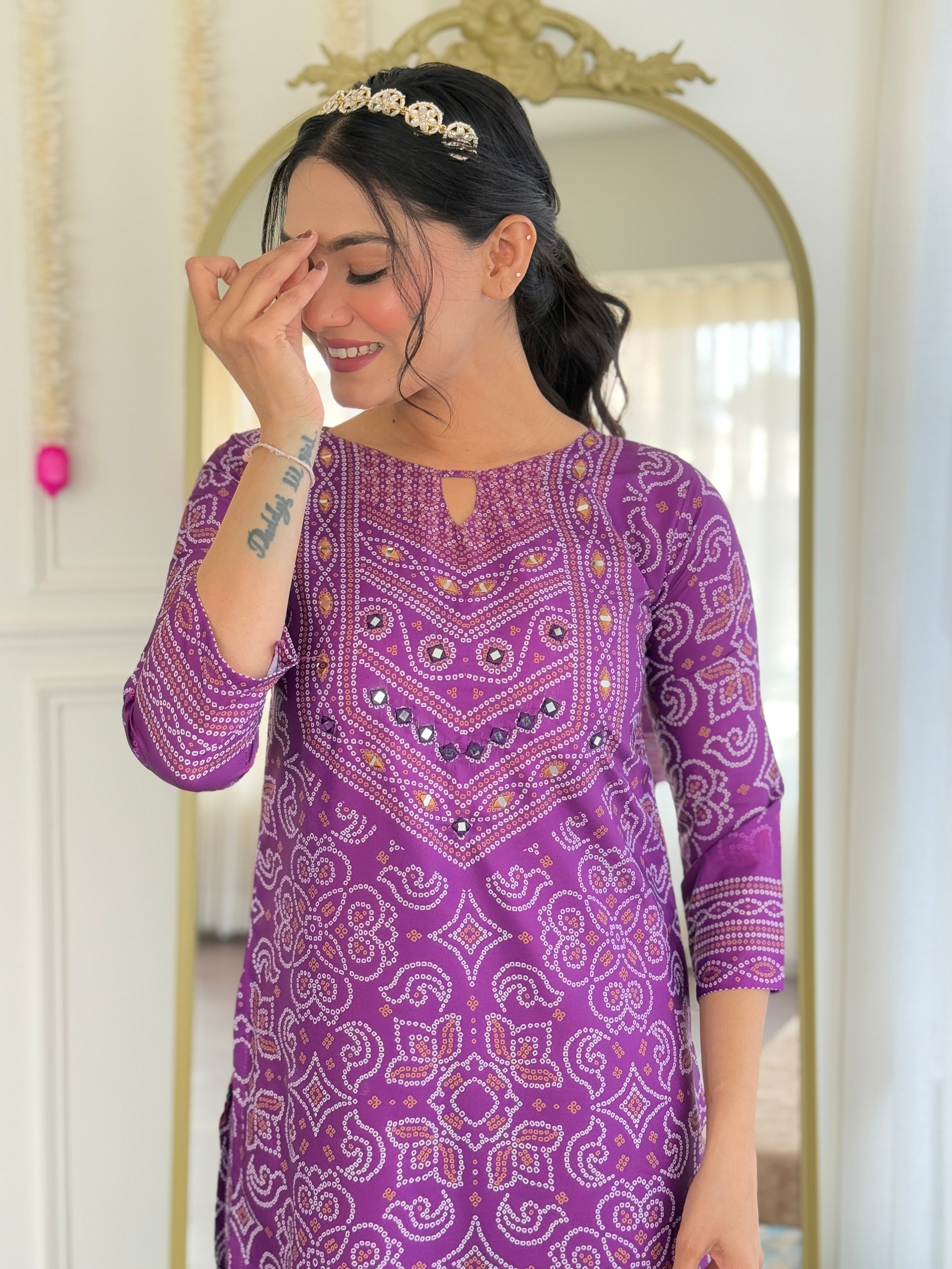 Purple Printed French Crepe Kurti