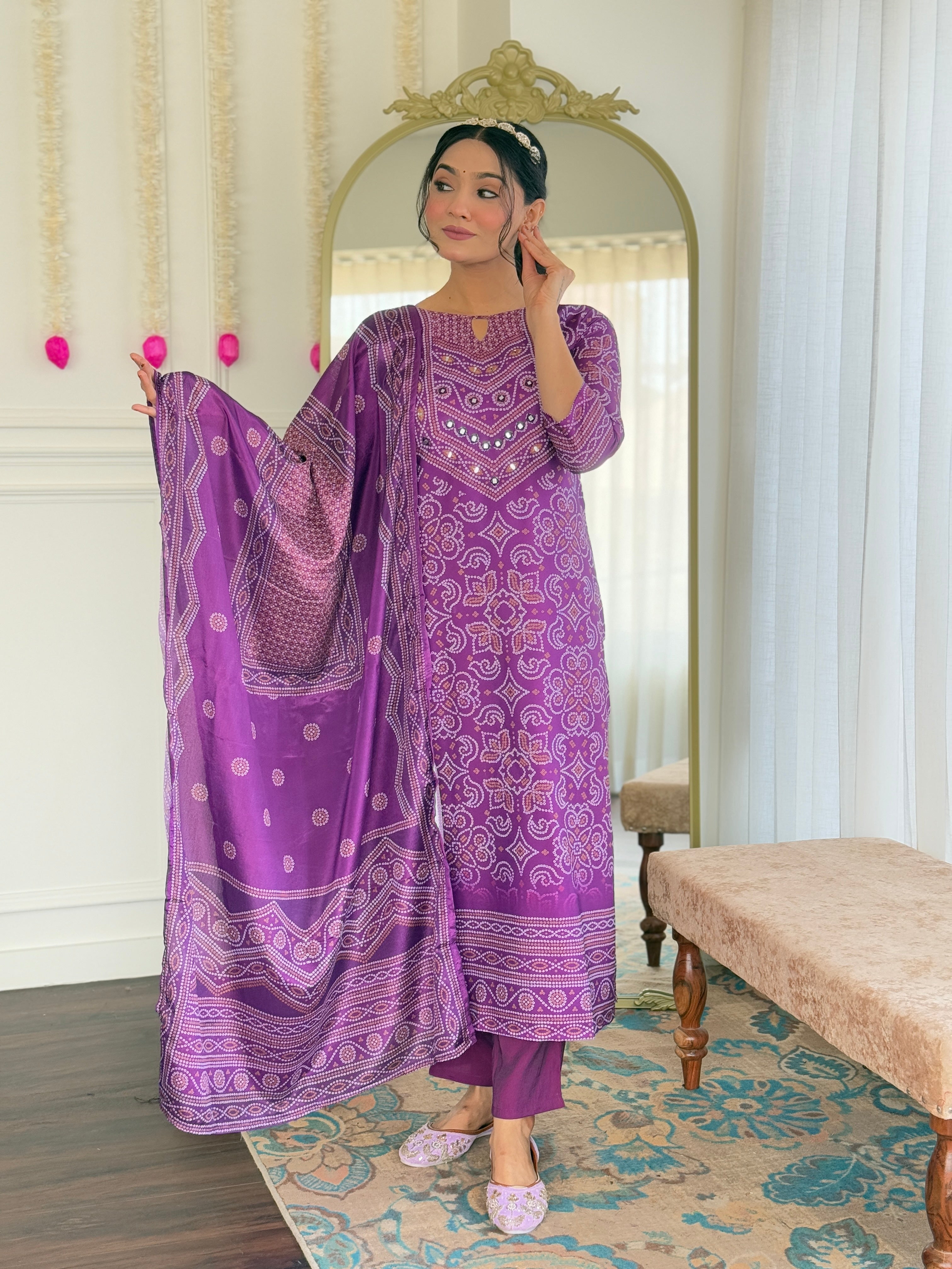 Purple Printed French Crepe Kurti