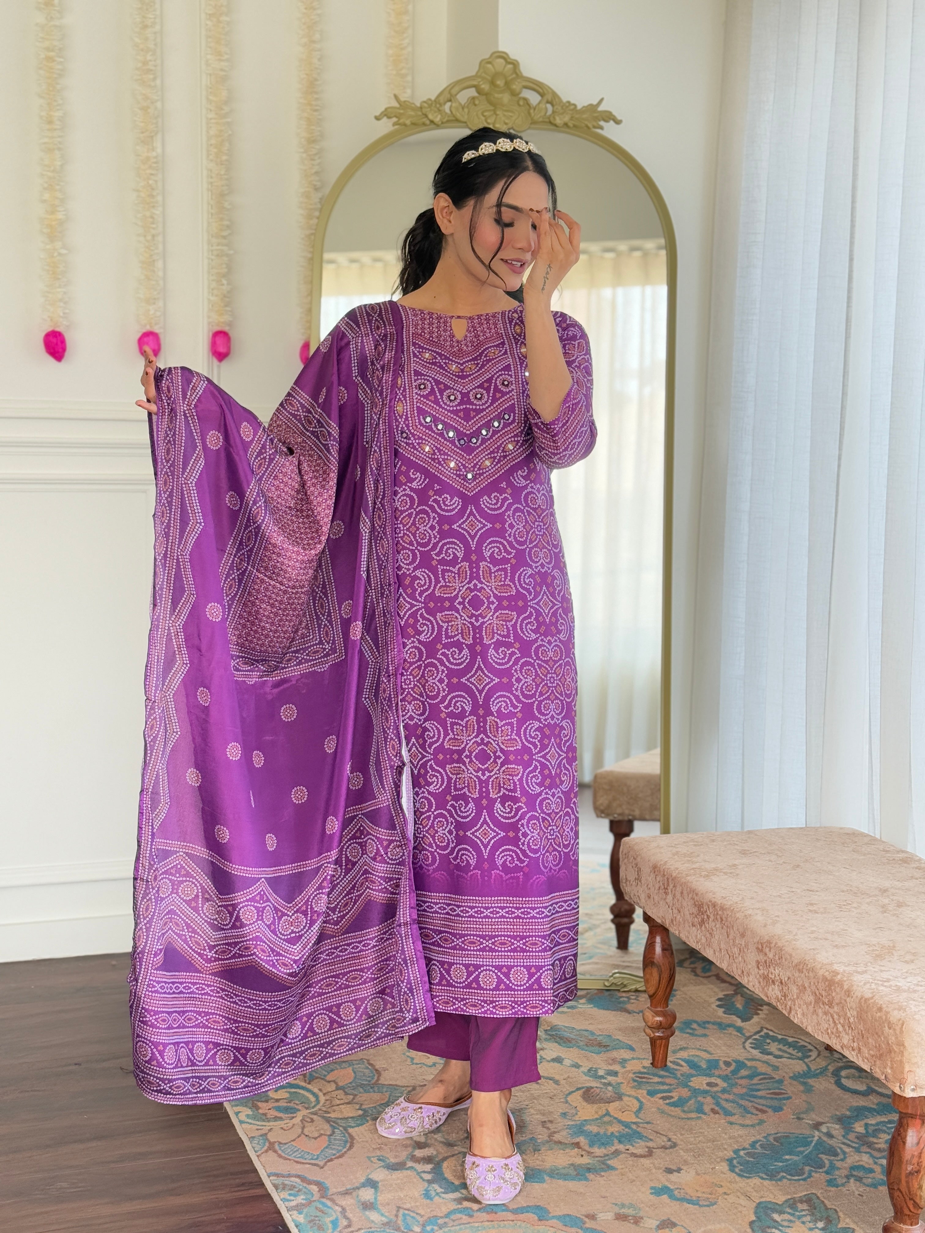 Purple Printed French Crepe Kurti