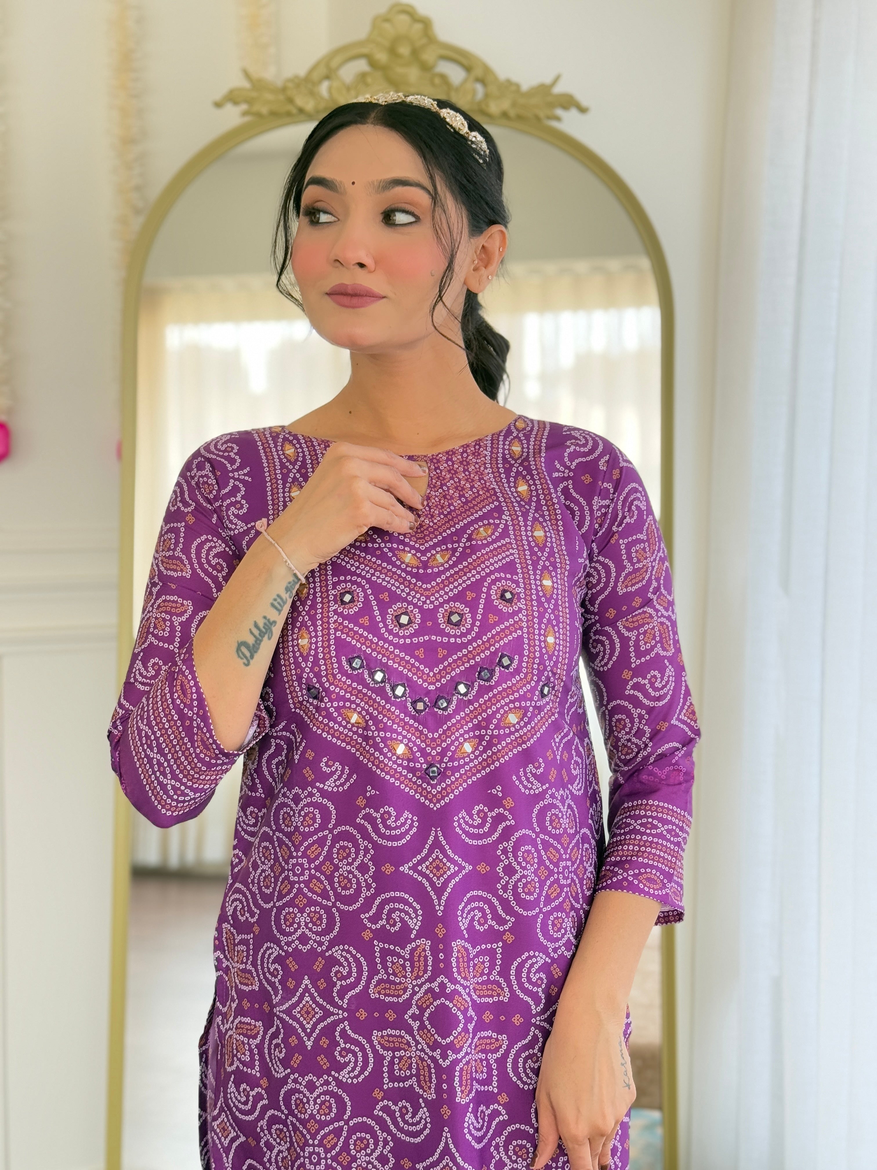 Purple Printed French Crepe Kurti