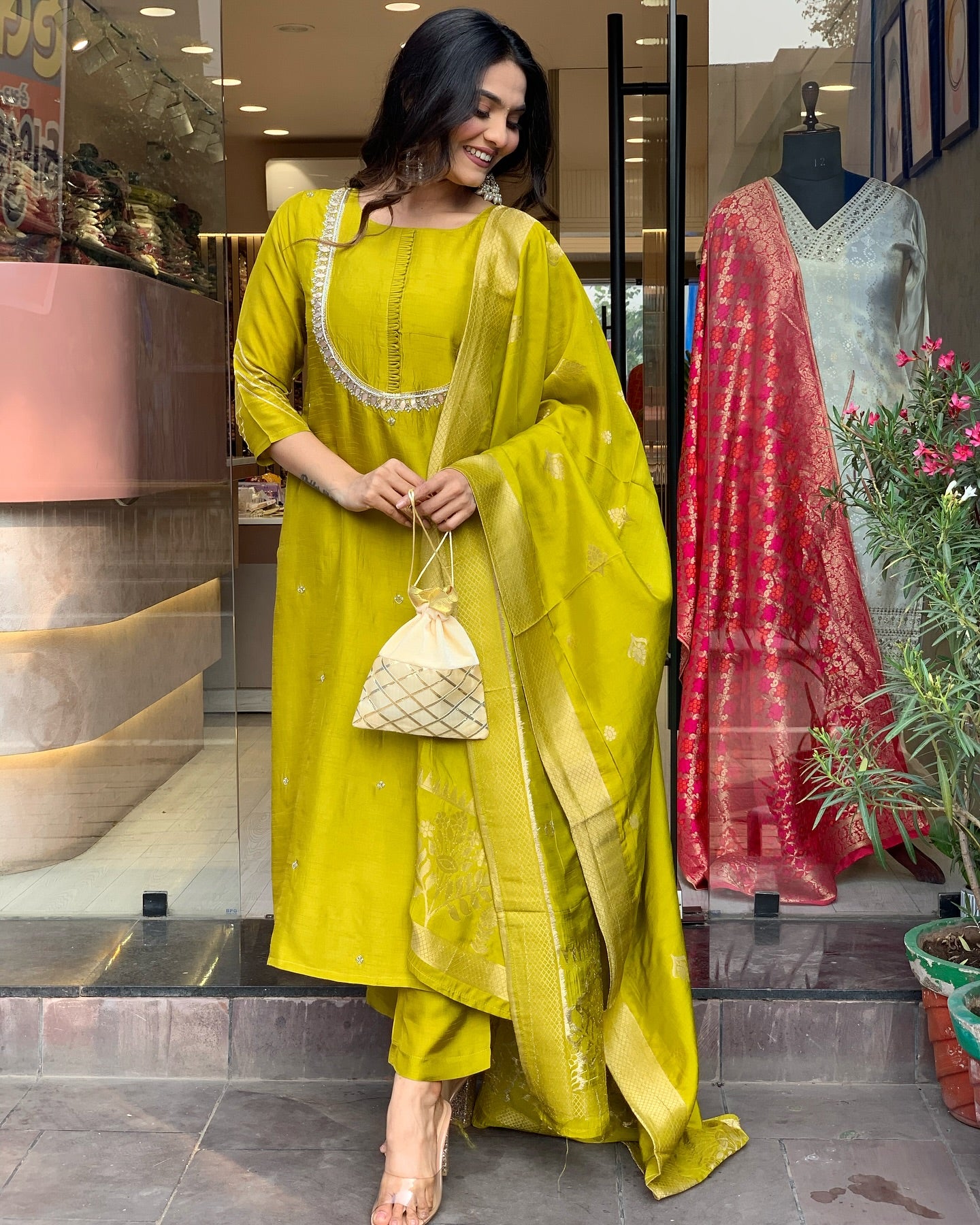 Elegant Premium Roman Silk Yellow Kurta set