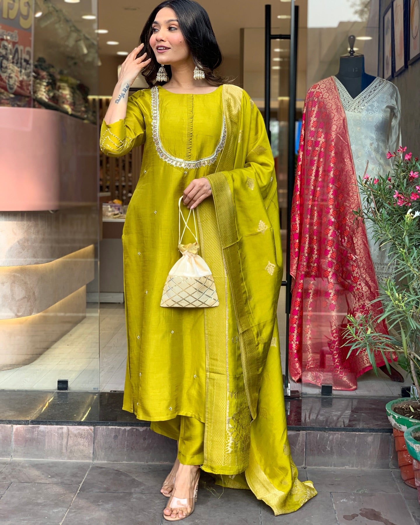 Elegant Premium Roman Silk Yellow Kurta set