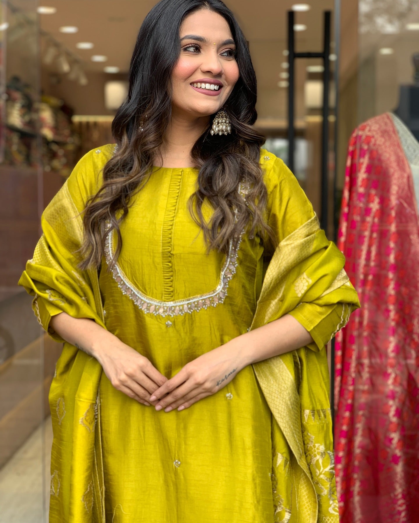 Elegant Premium Roman Silk Yellow Kurta set