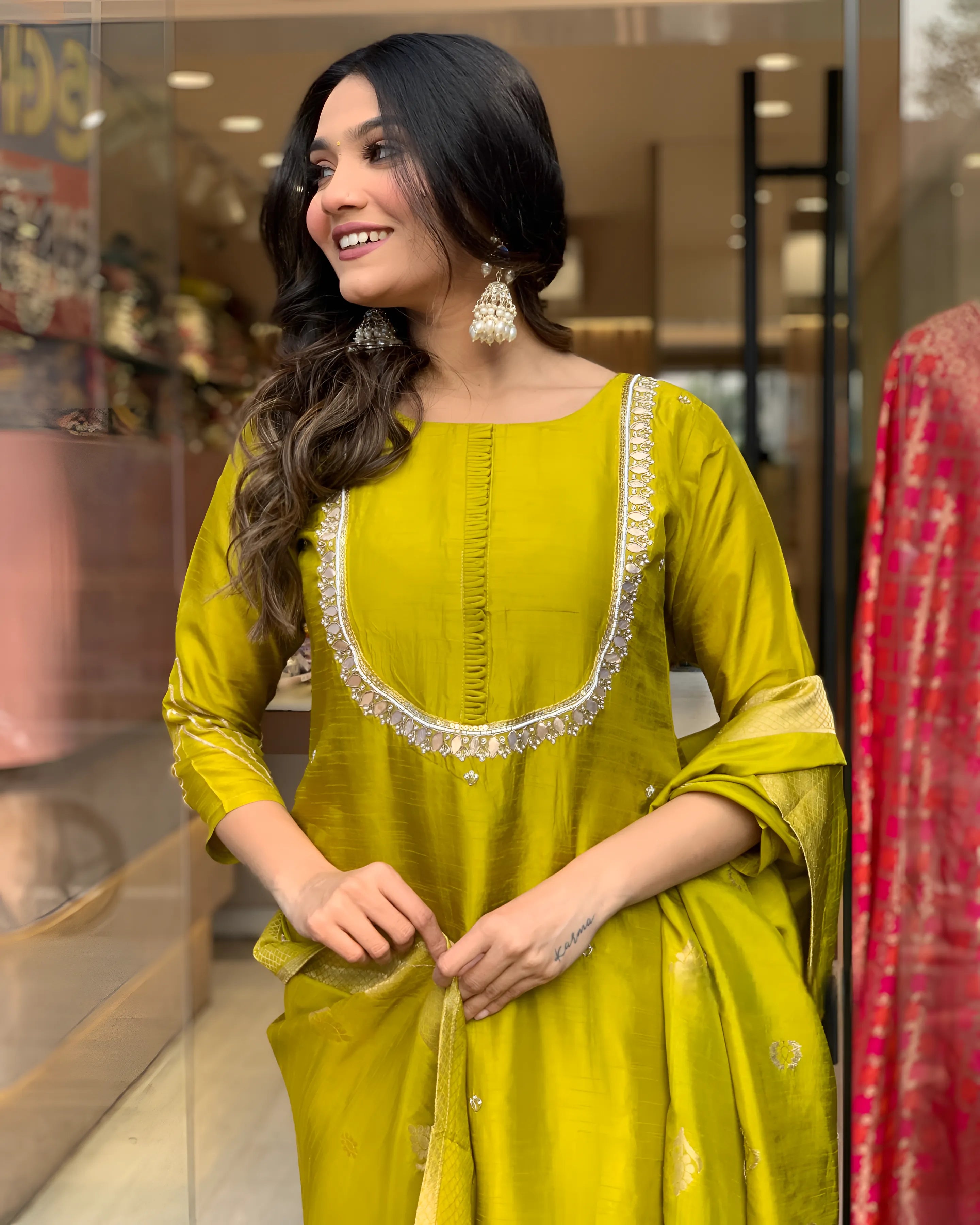 Elegant Premium Roman Silk Yellow Kurta set