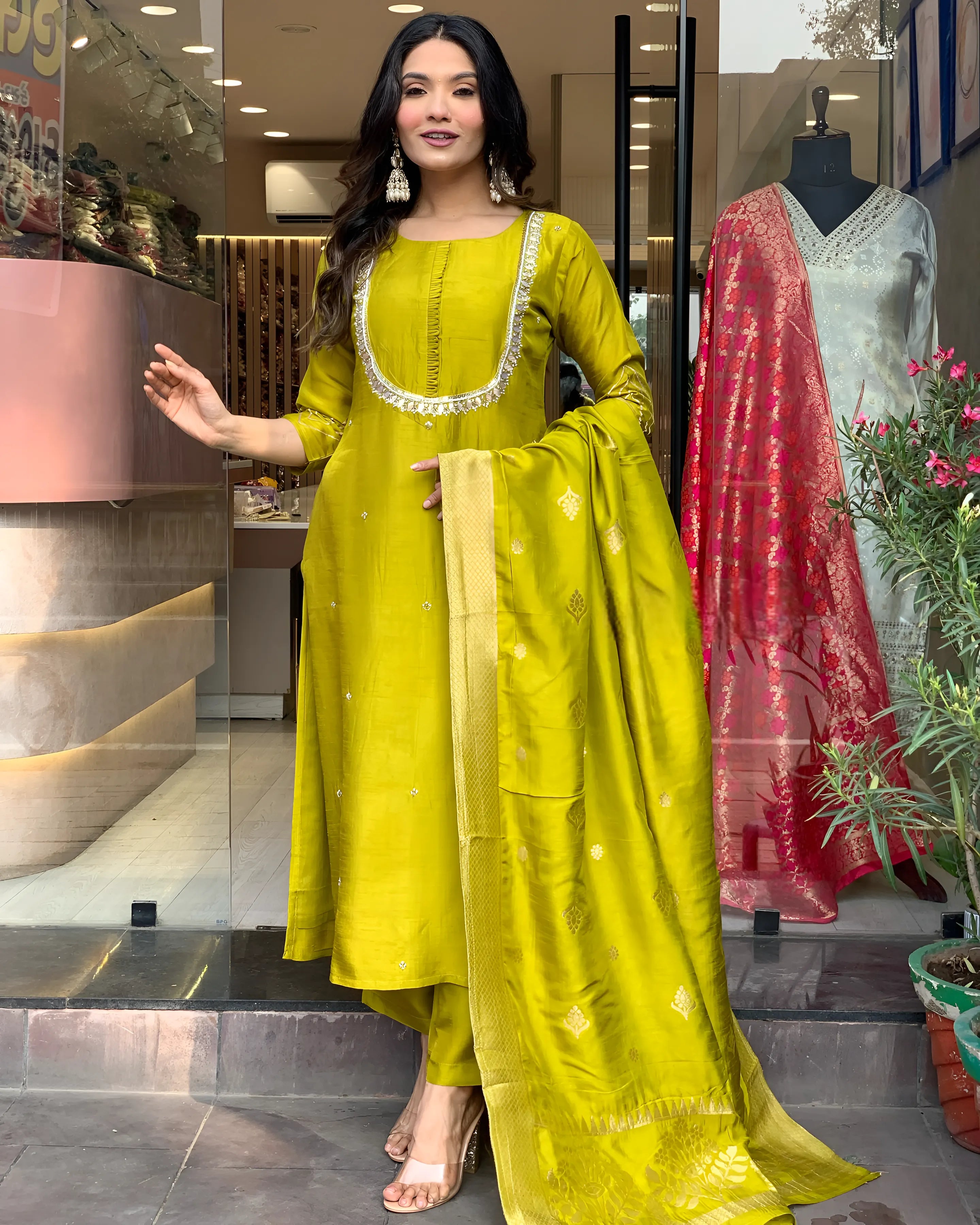 Elegant Premium Roman Silk Yellow Kurta set
