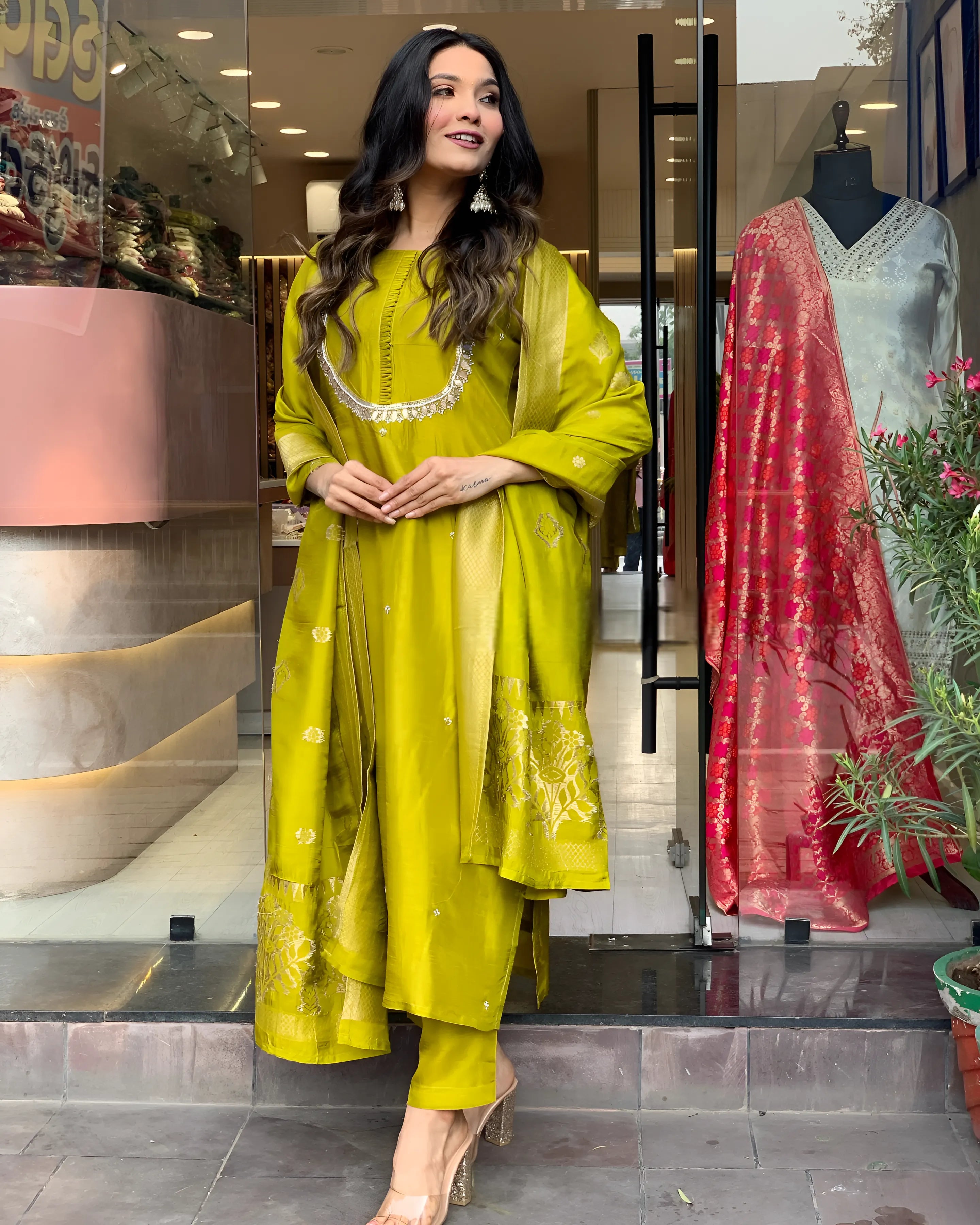 Elegant Premium Roman Silk Yellow Kurta set