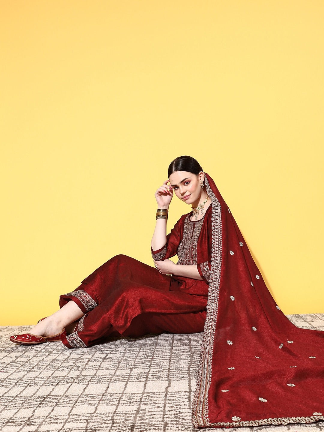 Women's Printed and Embroidered Pure Cotton Anarkali Kurta Pant Set with Dupatta