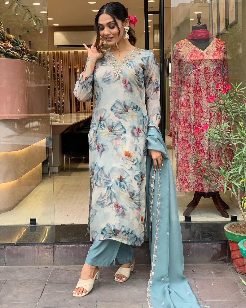 Women Embroidered Straight Kurta Pants Dupatta Set