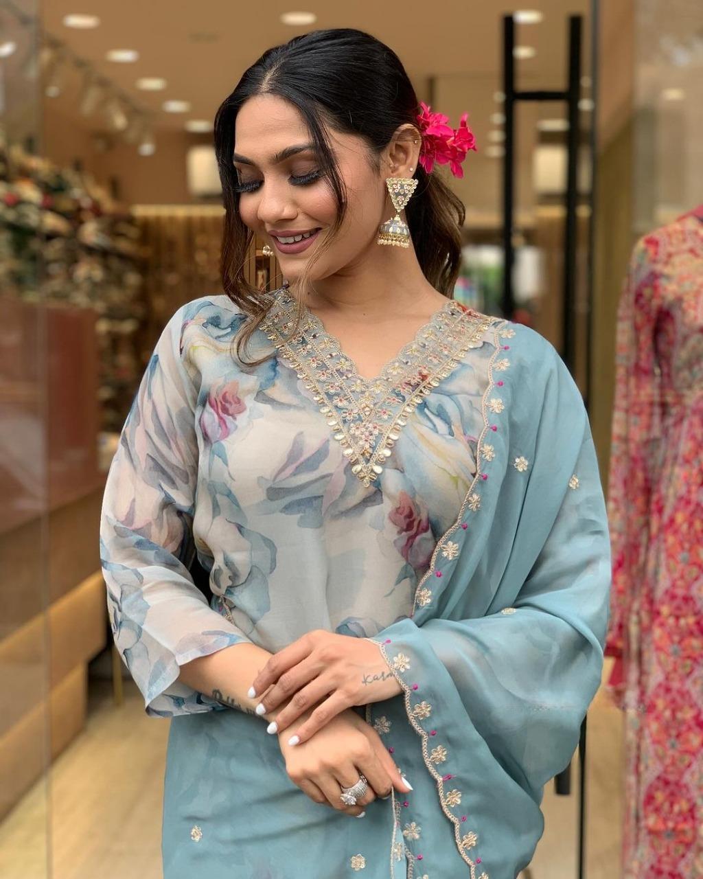 Women Embroidered Straight Kurta Pants Dupatta Set