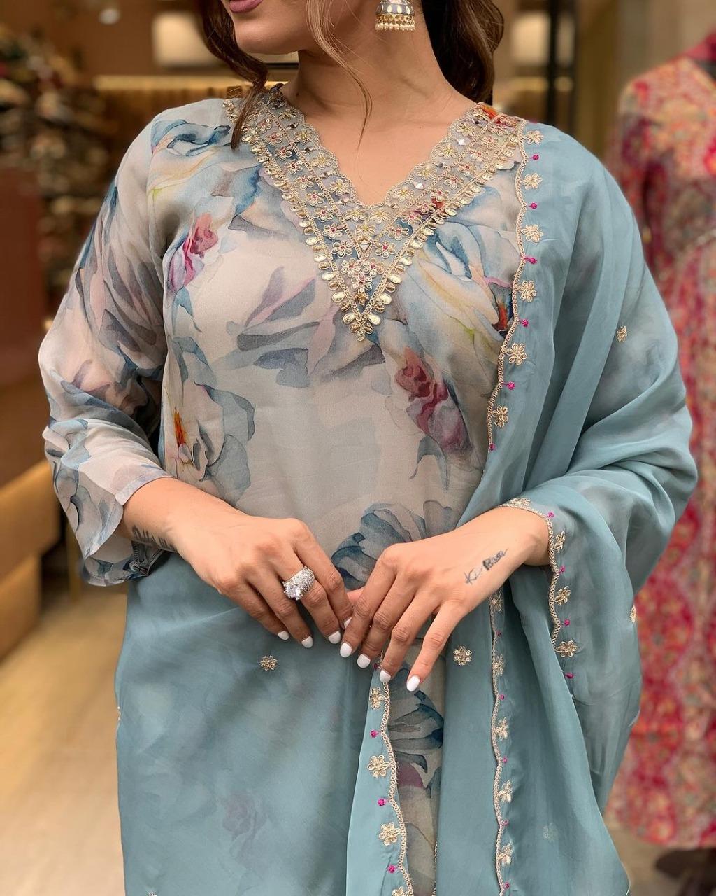 Women Embroidered Straight Kurta Pants Dupatta Set