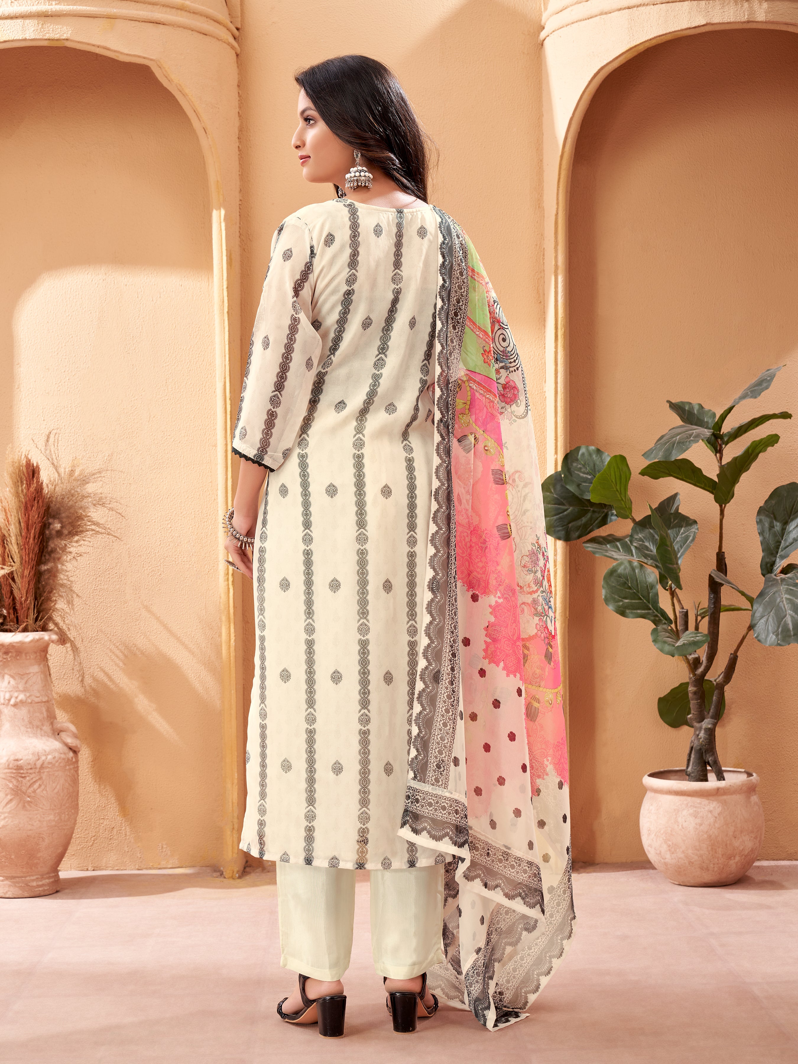 Embroidered Straight Kurta with Pants & Dupatta