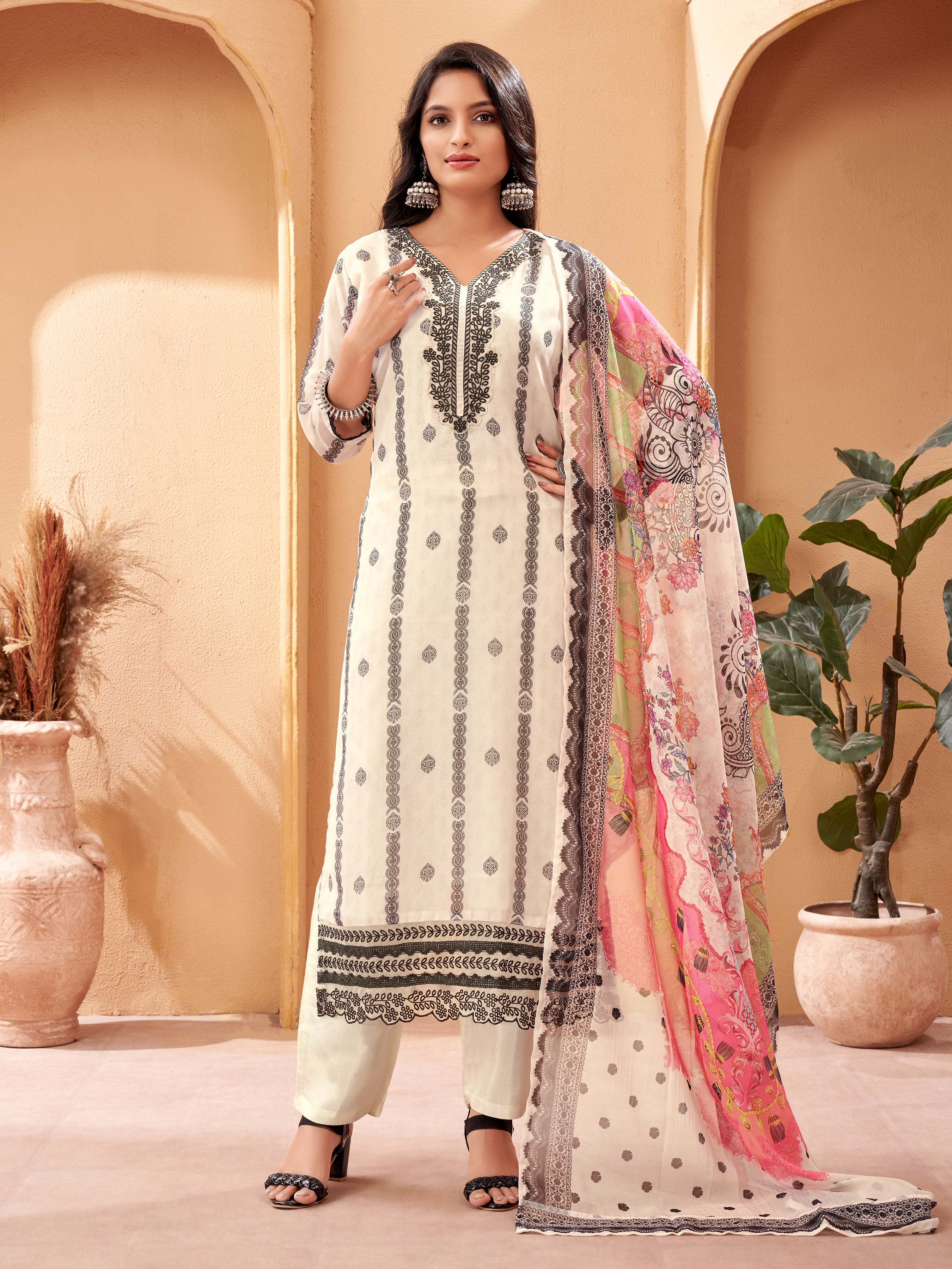 Embroidered Straight Kurta with Pants & Dupatta