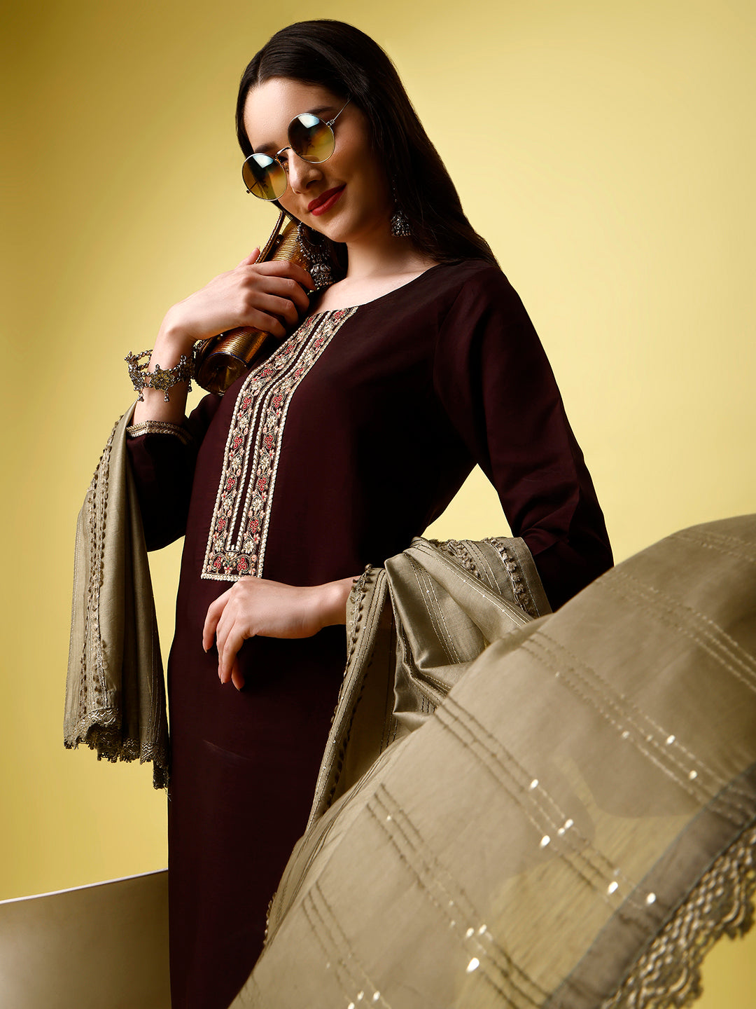 Women Sequence Embroidered Silk Blend Kurta With Pant And Crochet Worked Dupata Set