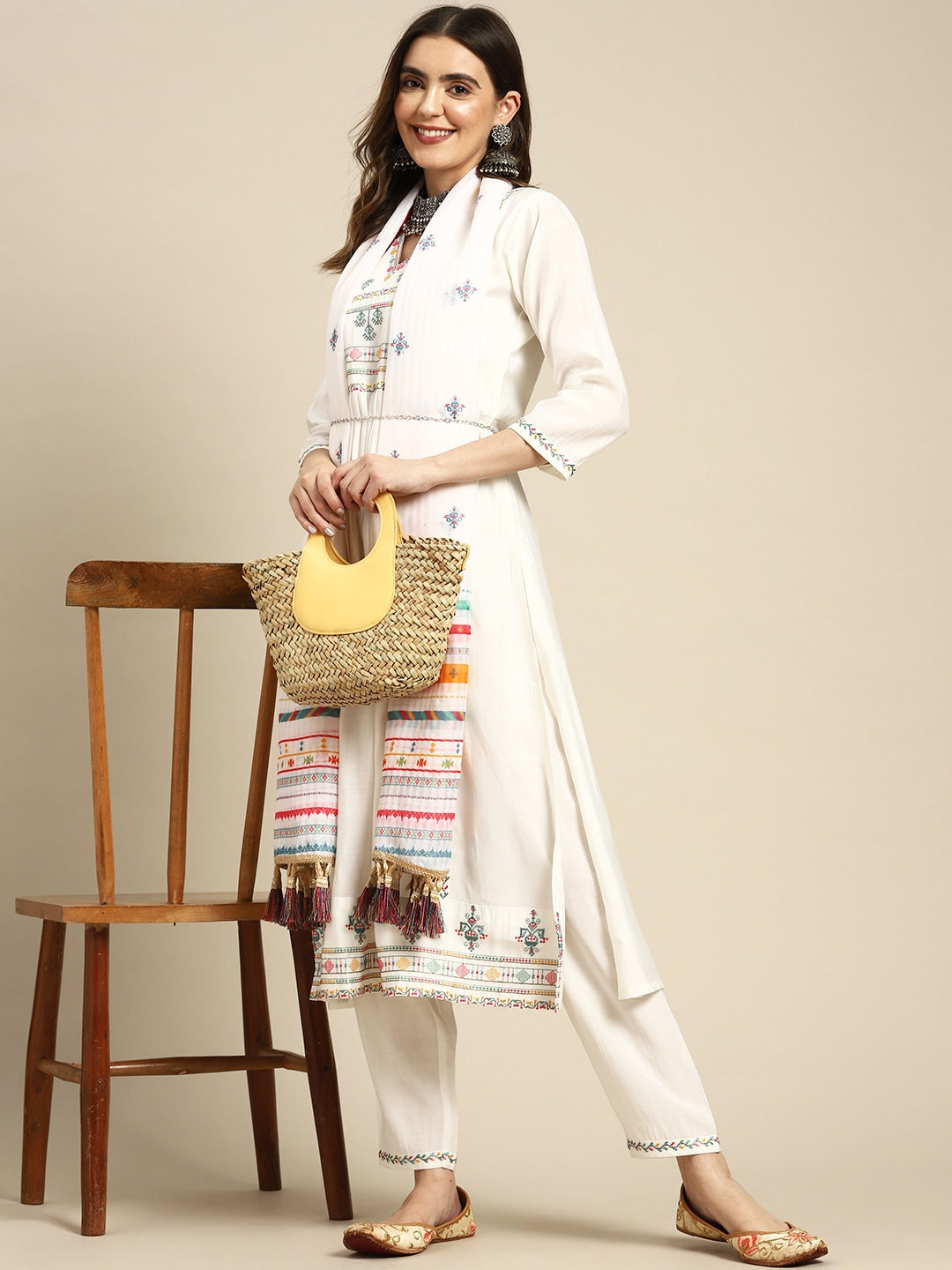 Women Embroidered Flared Kurta with Pants & Dupatta
