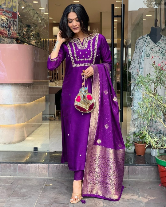 Women Embroidered Straight Kurta Set with Dupatta