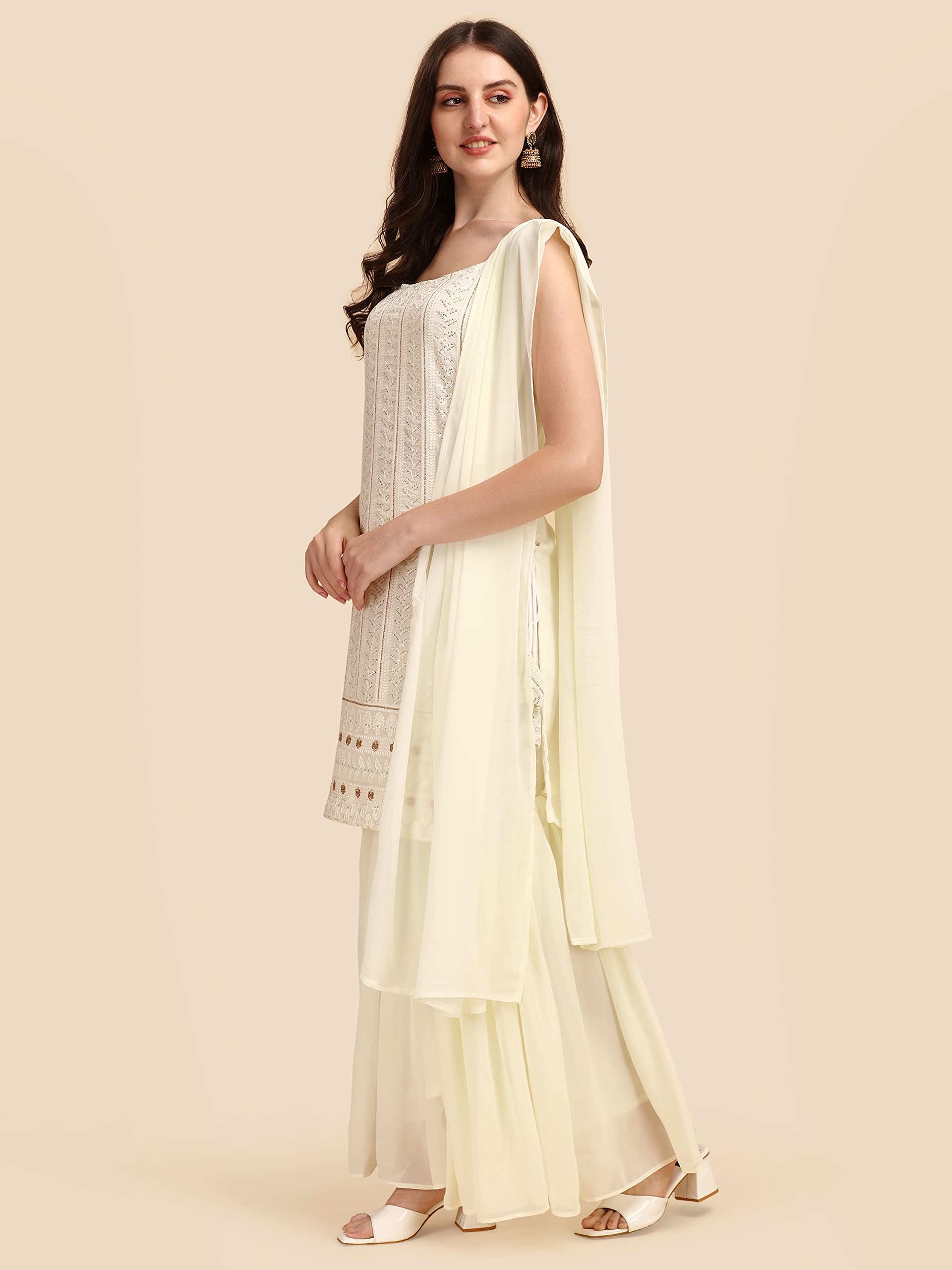 Women Lace Straight Kurta & Sharara with Dupatta Set