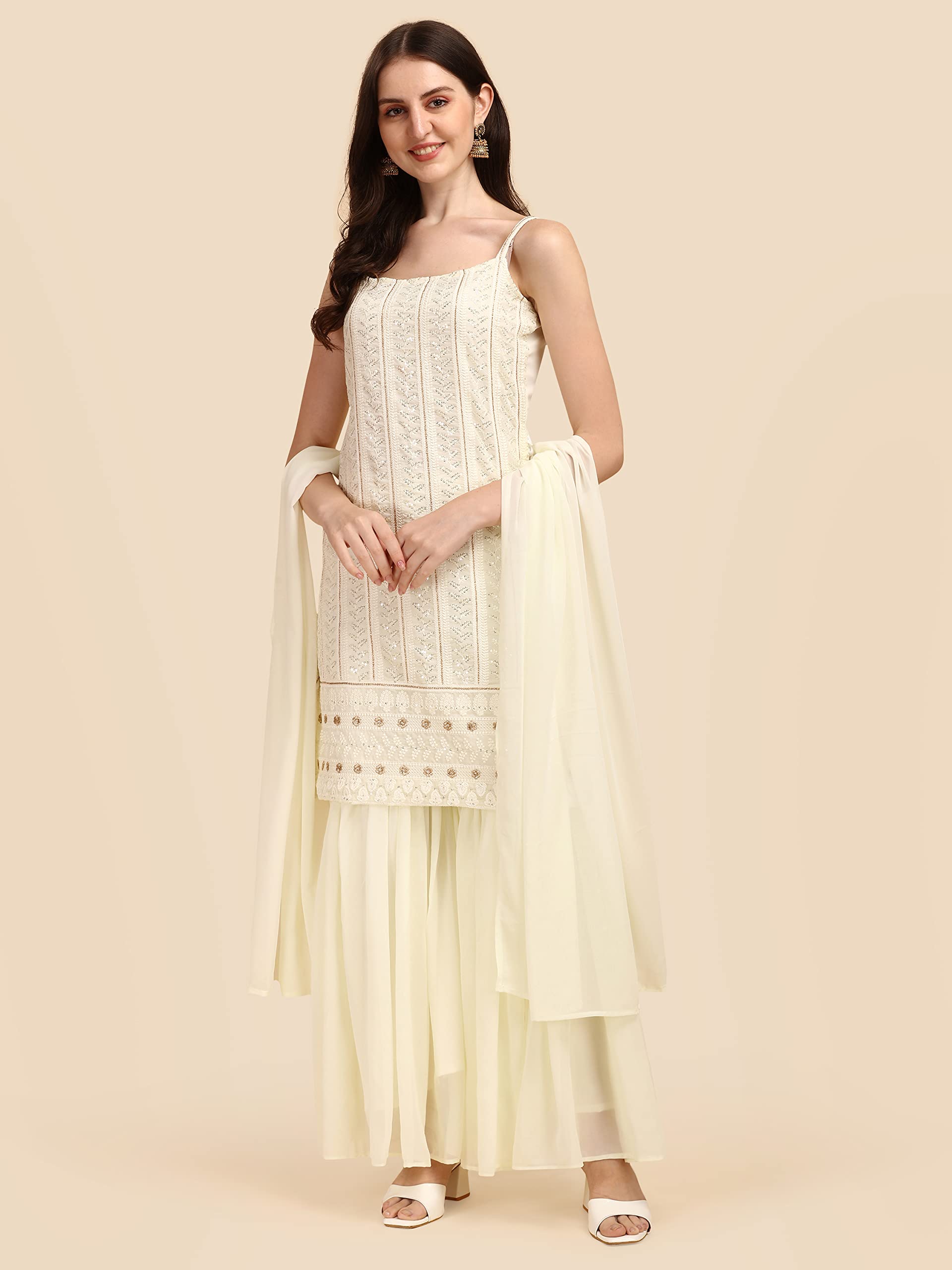 Women Lace Straight Kurta & Sharara with Dupatta Set