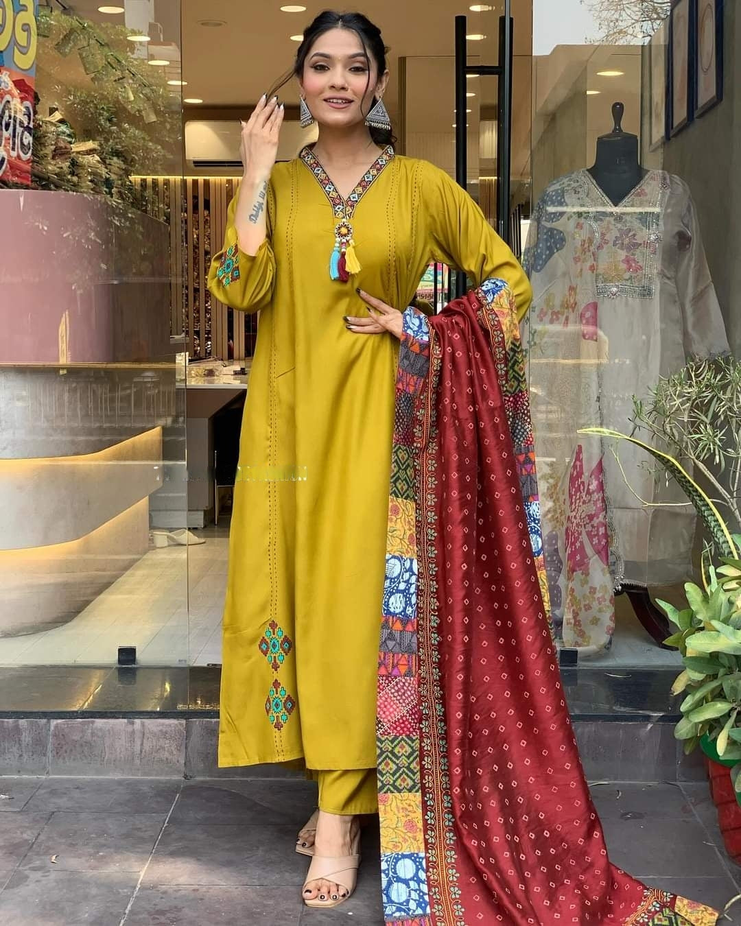 Women mustered A line Kurta Pant Dupatta Set