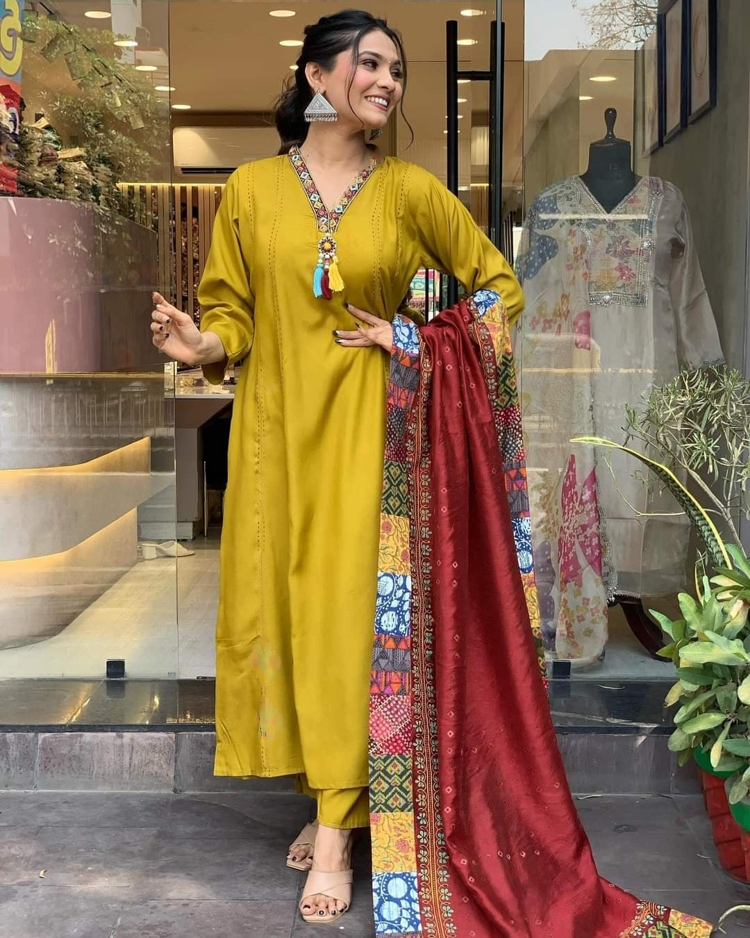 Women mustered A line Kurta Pant Dupatta Set