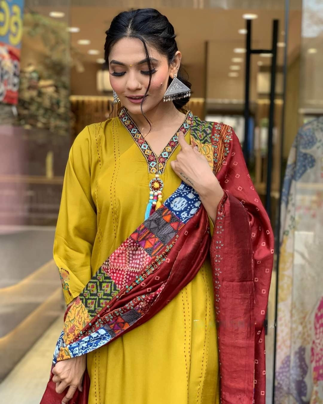 Women mustered A line Kurta Pant Dupatta Set