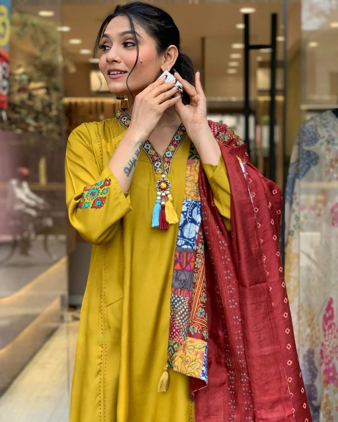 Women mustered A line Kurta Pant Dupatta Set