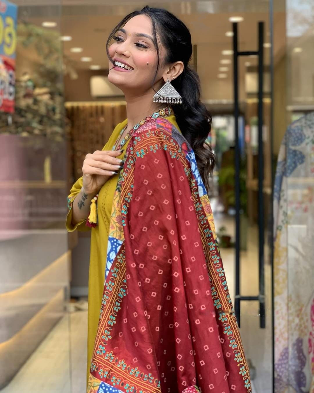 Women mustered A line Kurta Pant Dupatta Set