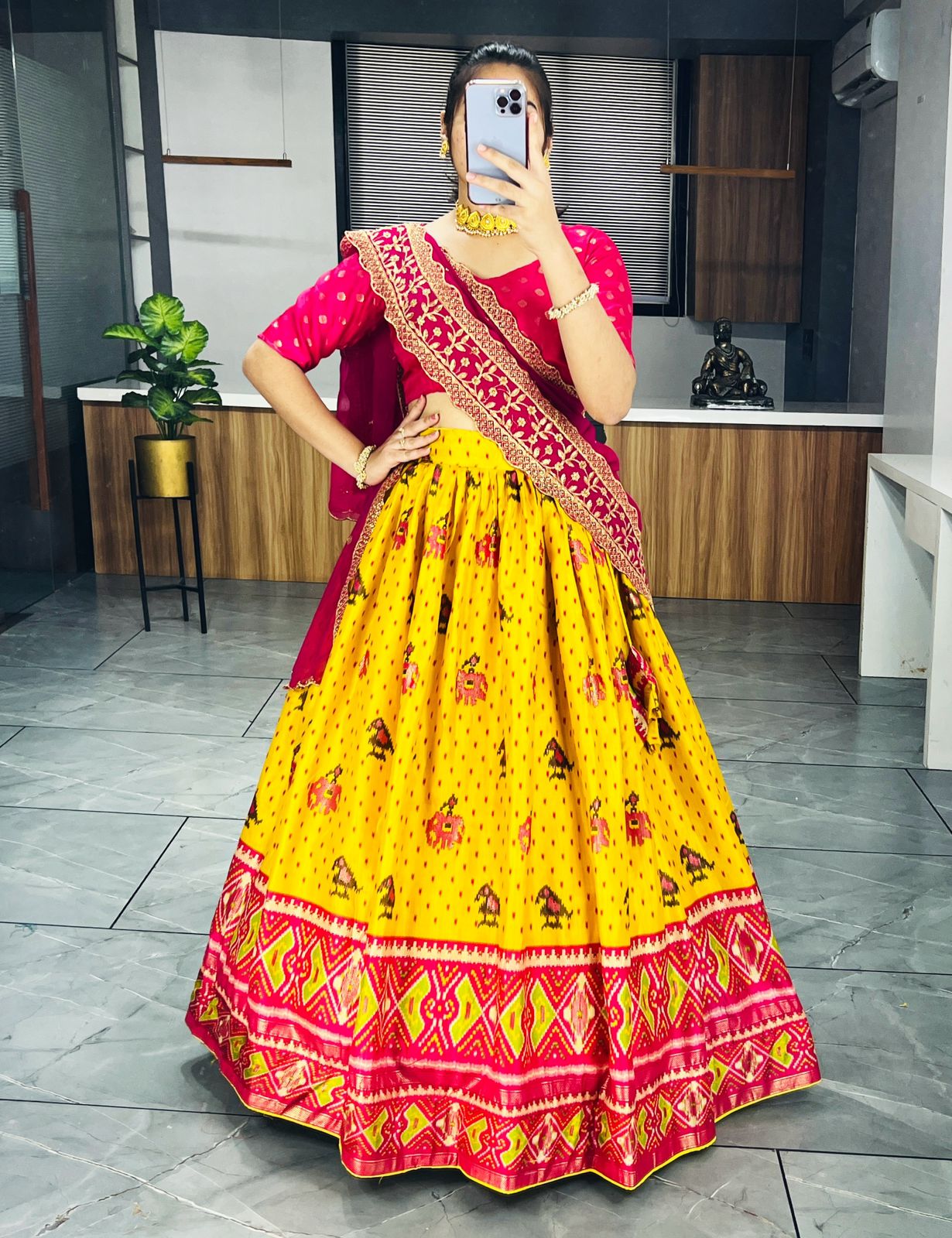 Yellow Patola Silk Lehnga With Pink Dupatta