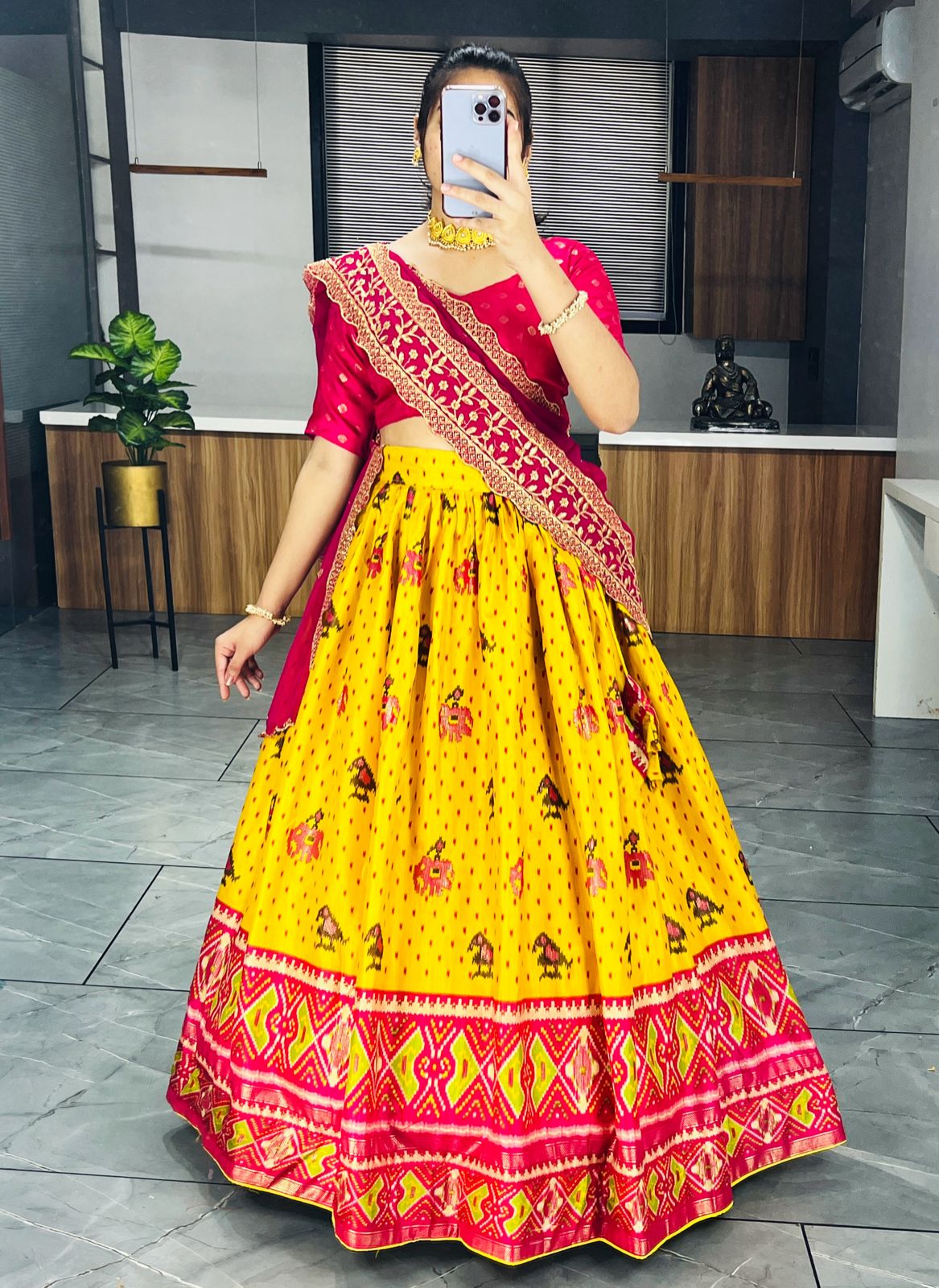 Yellow Patola Silk Lehnga With Pink Dupatta