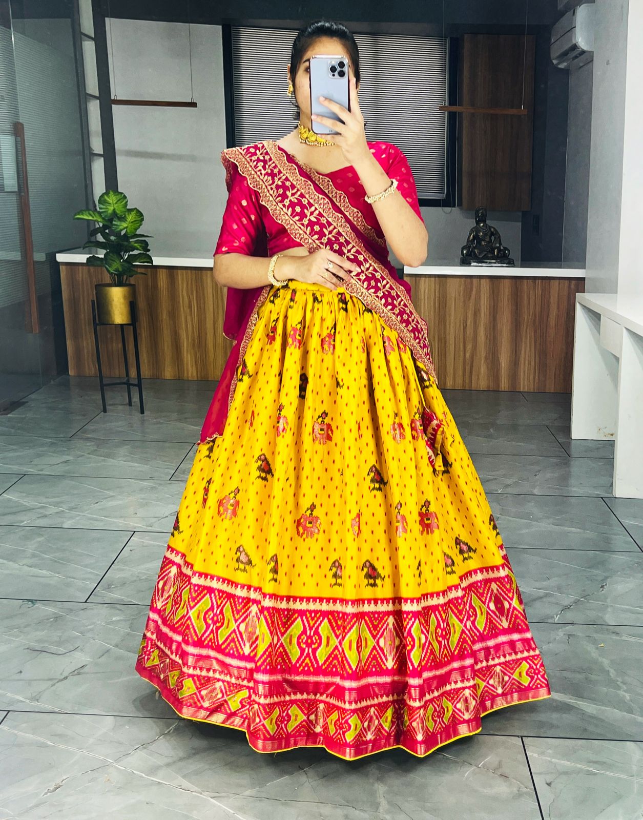 Yellow Patola Silk Lehnga With Pink Dupatta