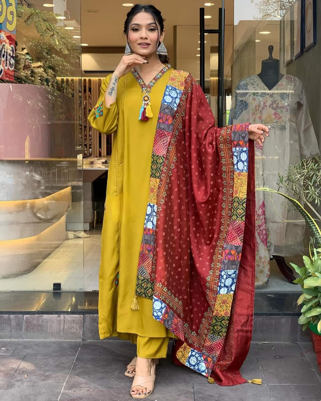 Women mustered A line Kurta Pant Dupatta Set
