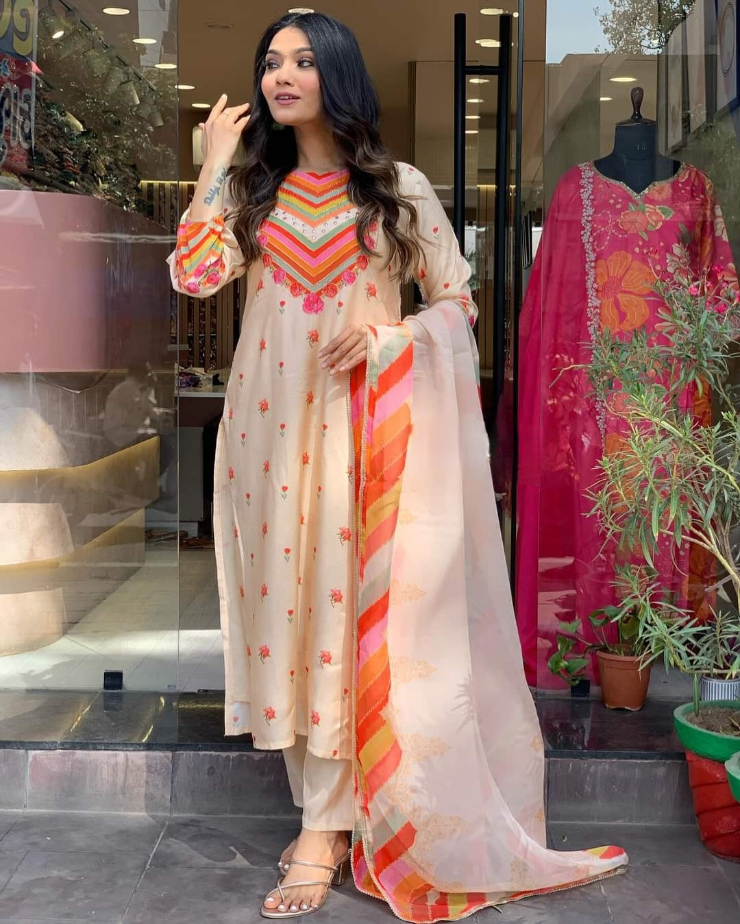 Embroidered 3-Piece stitched Kurta Set For Woman