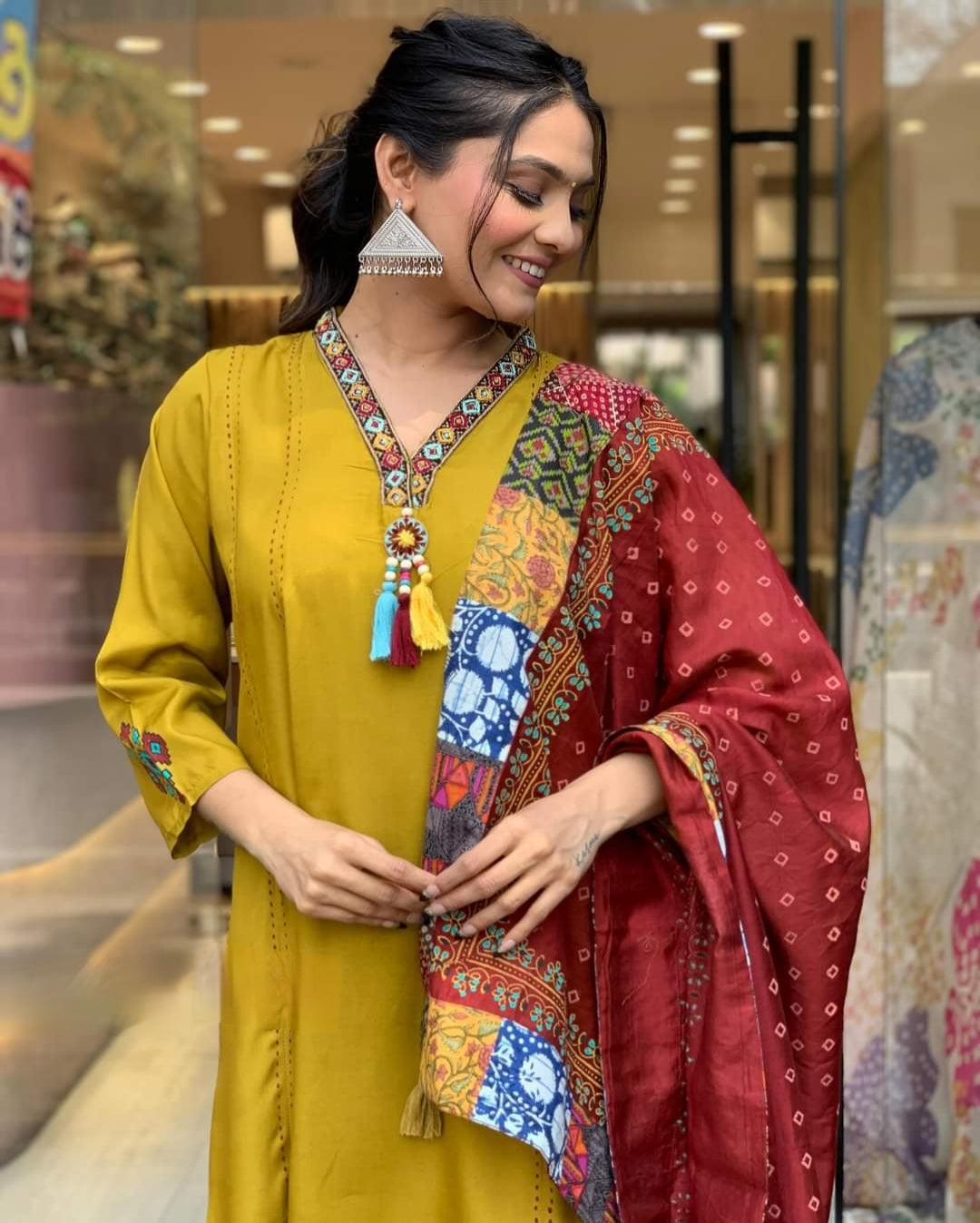 Women mustered A line Kurta Pant Dupatta Set