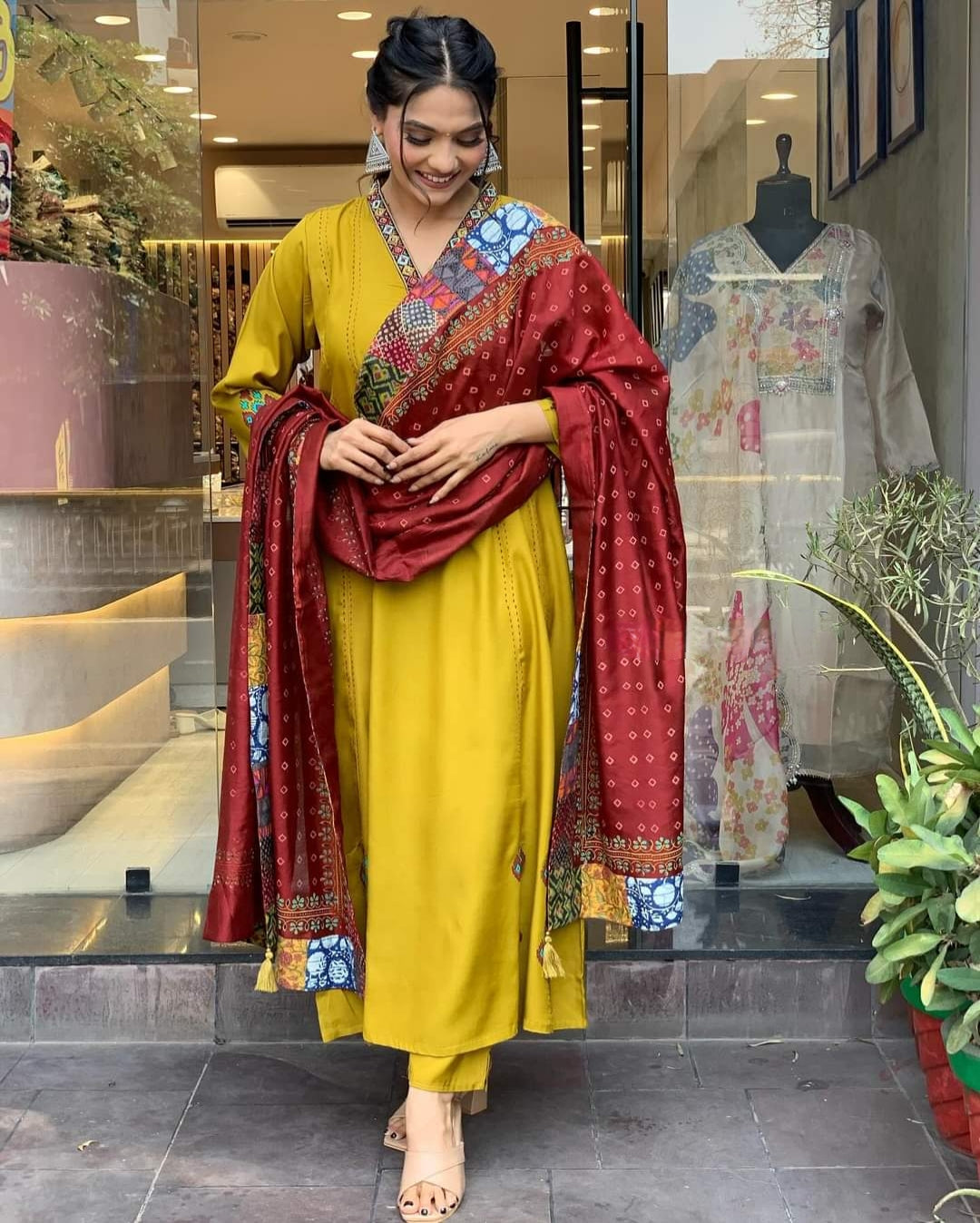 Women mustered A line Kurta Pant Dupatta Set