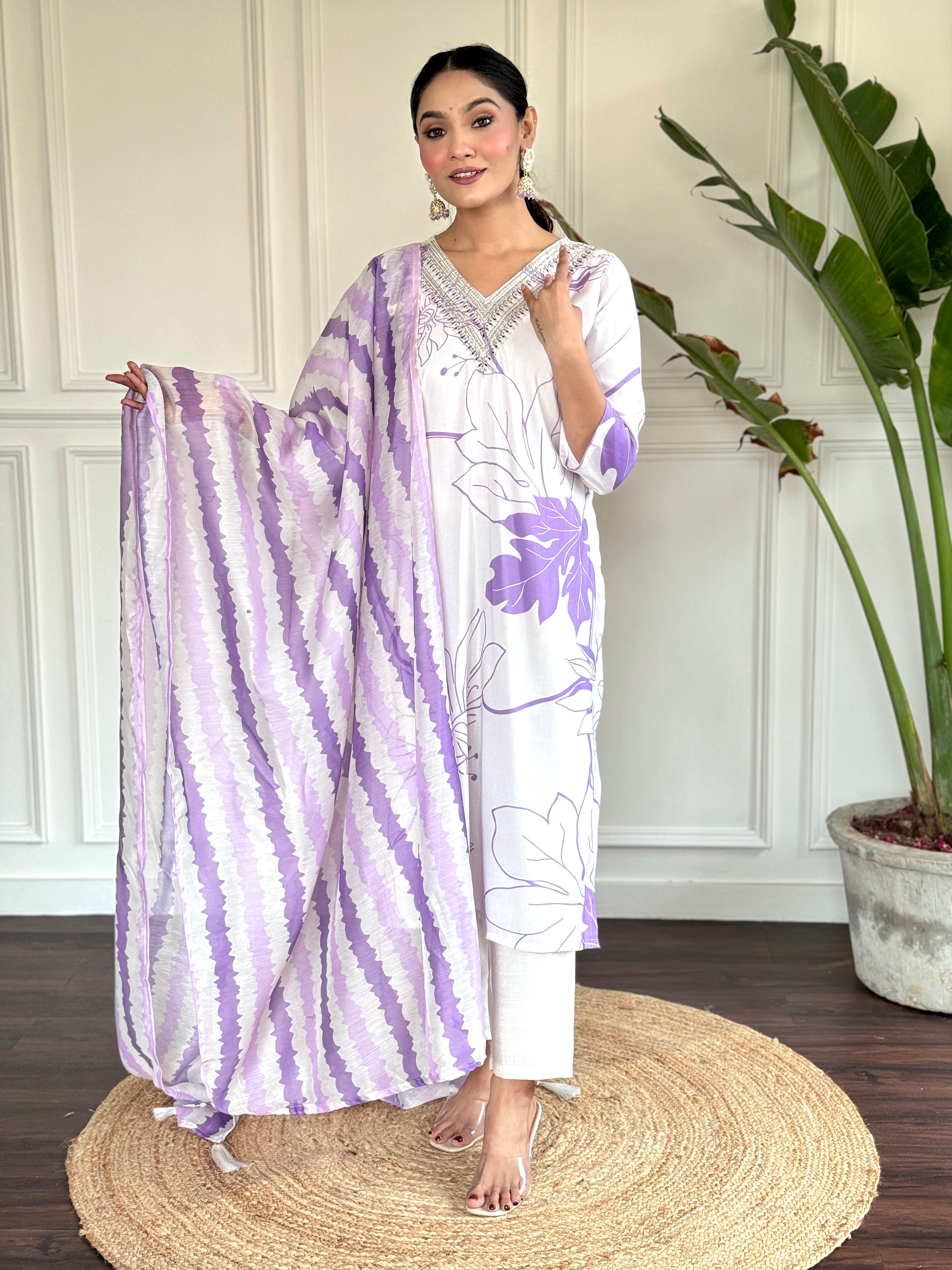 Women Embroidered Straight Kurta with Pants & Dupatta Set For Girls And Women ( white )