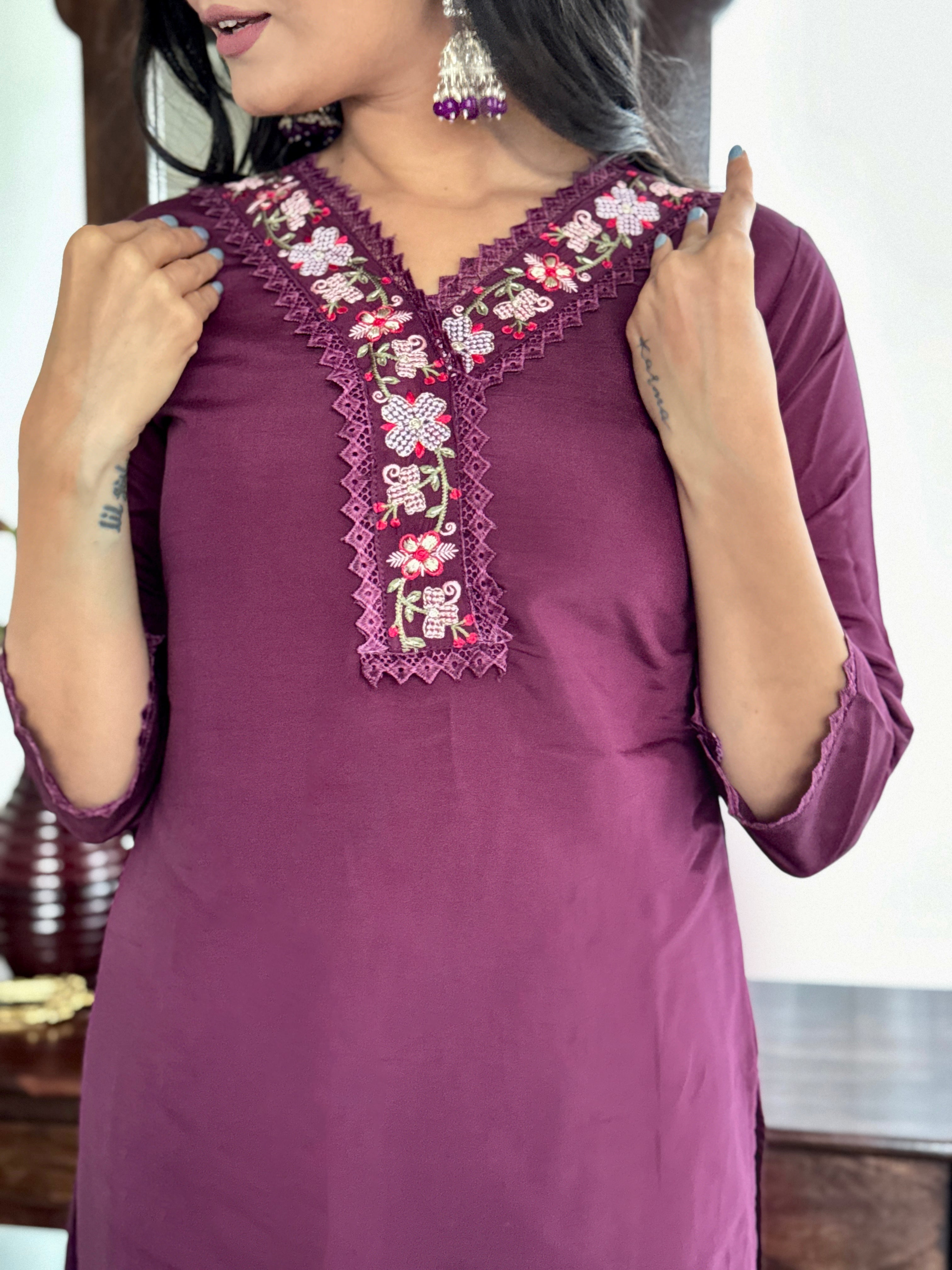 Wine Viscose Chanderi Cotton Women Embroidery Straight Kurta Set