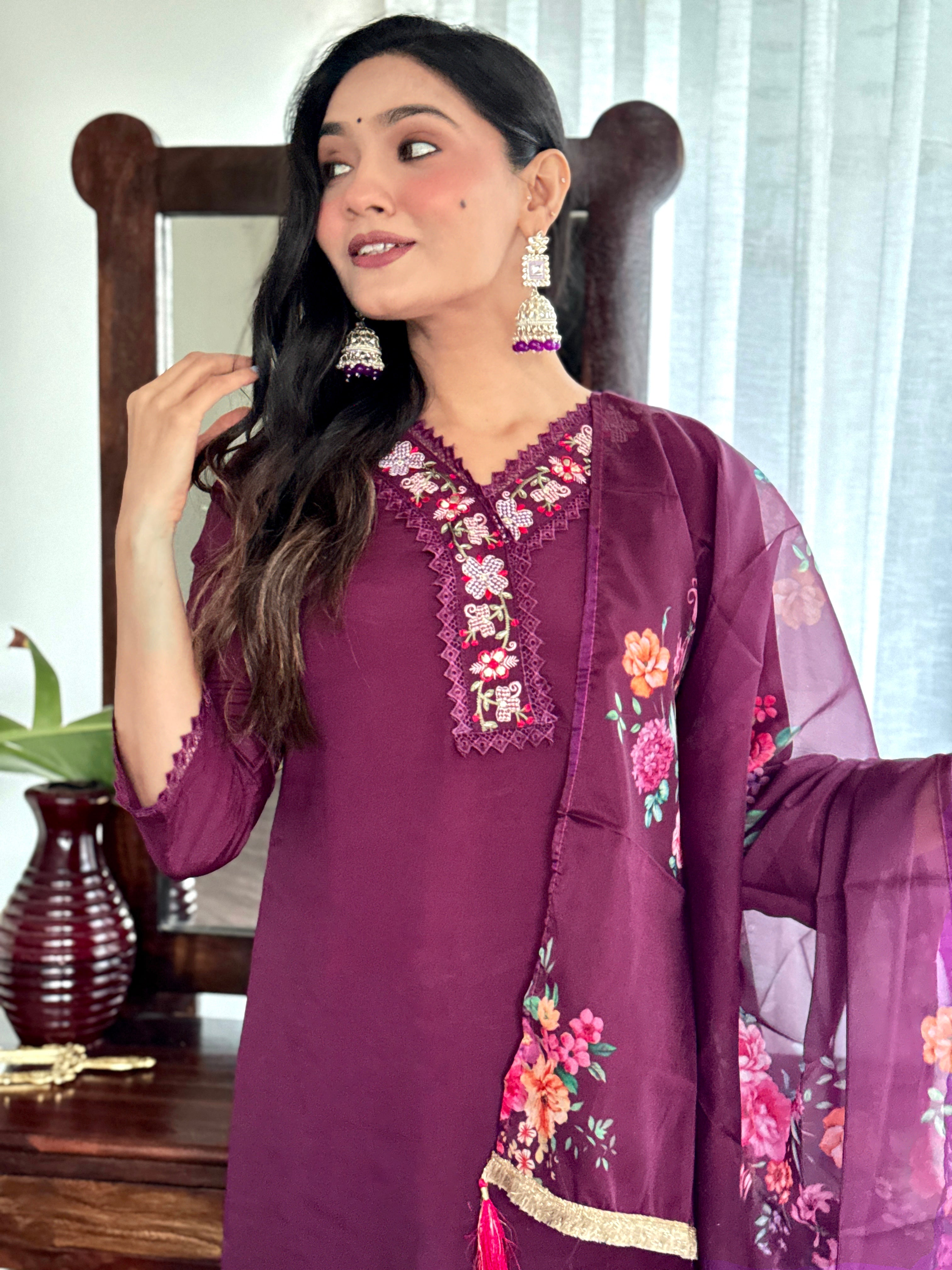 Wine Viscose Chanderi Cotton Women Embroidery Straight Kurta Set