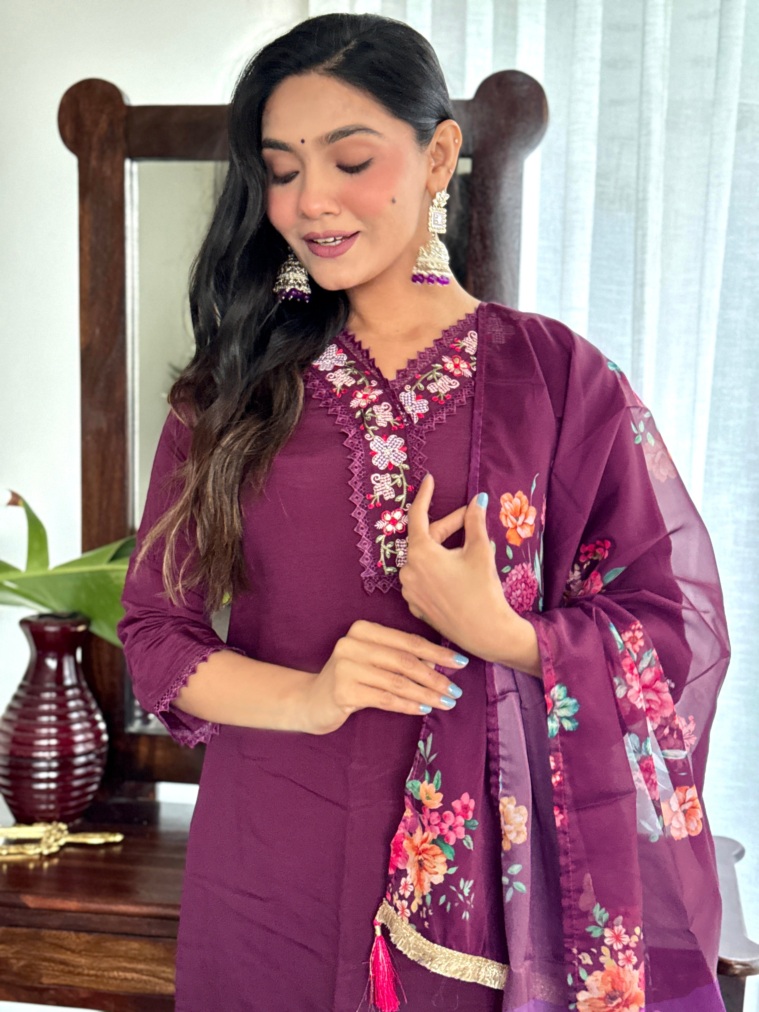 Wine Viscose Chanderi Cotton Women Embroidery Straight Kurta Set