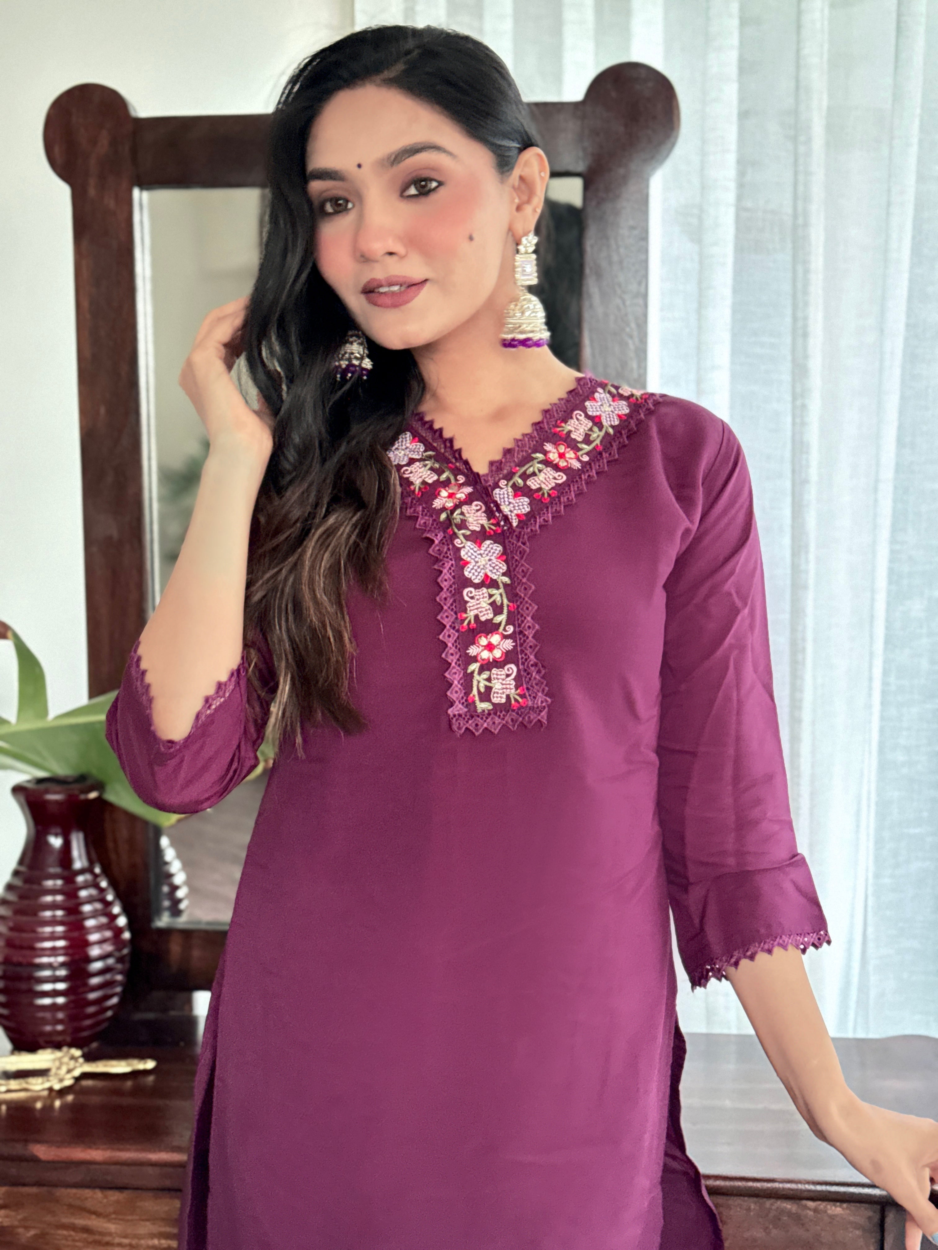 Wine Viscose Chanderi Cotton Women Embroidery Straight Kurta Set